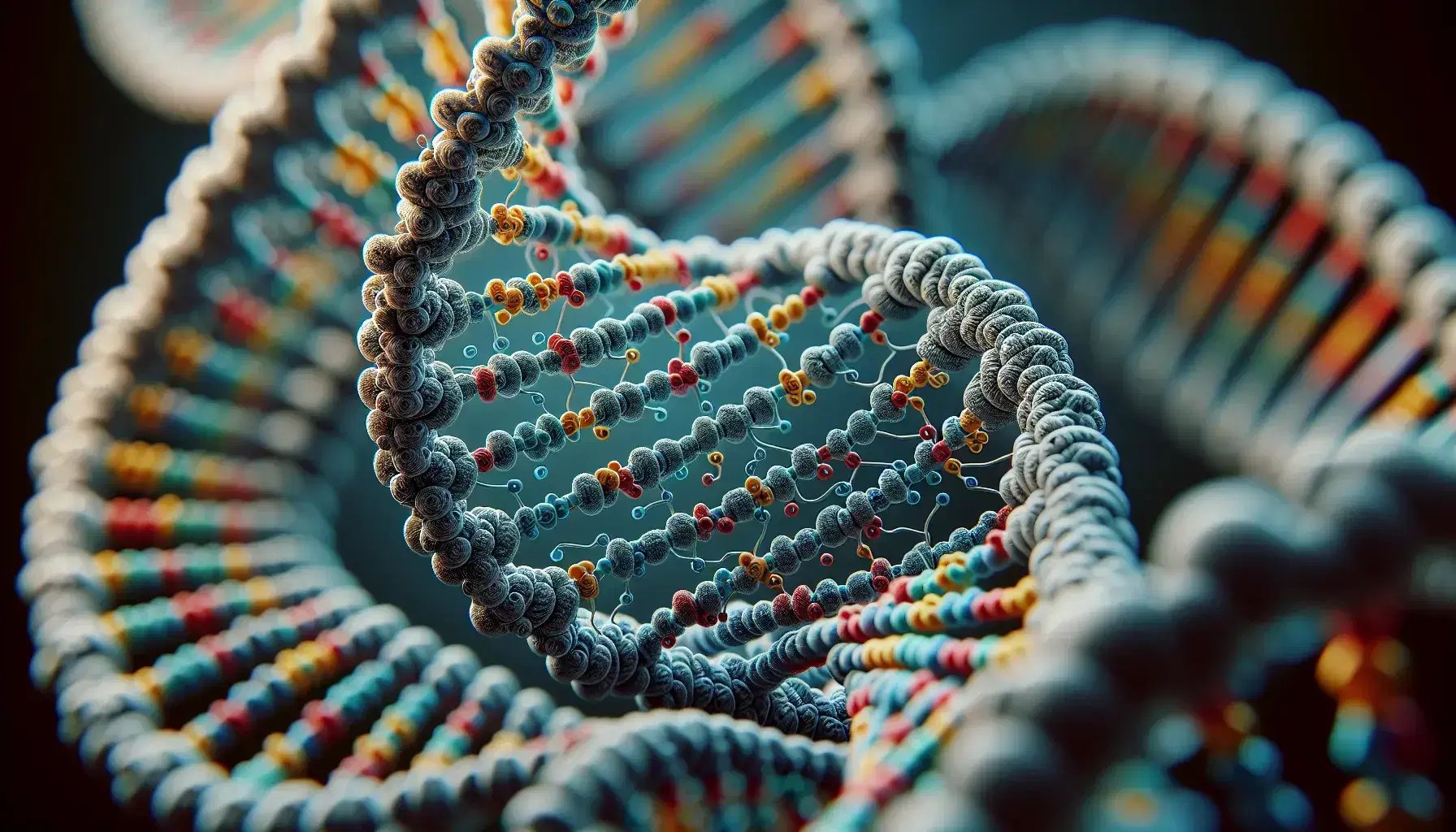 Estructura detallada de una doble hélice de ADN en 3D con pares de bases de colores representando adenina, timina, citosina y guanina, sobre fondo desenfocado.