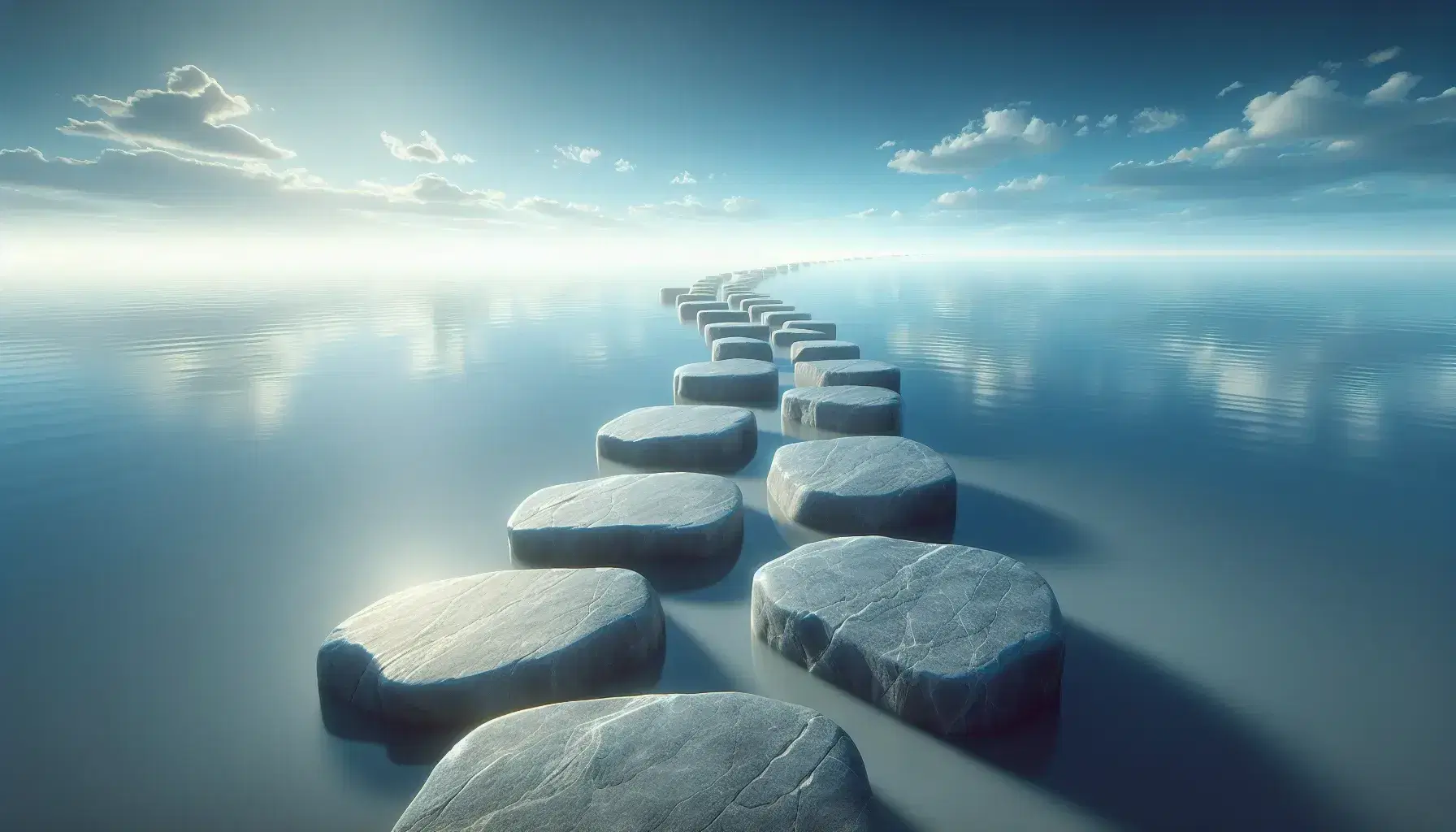 Tranquil stepping stones arc across calm waters under a clear blue sky with wispy clouds, inviting peaceful contemplation in a serene landscape.