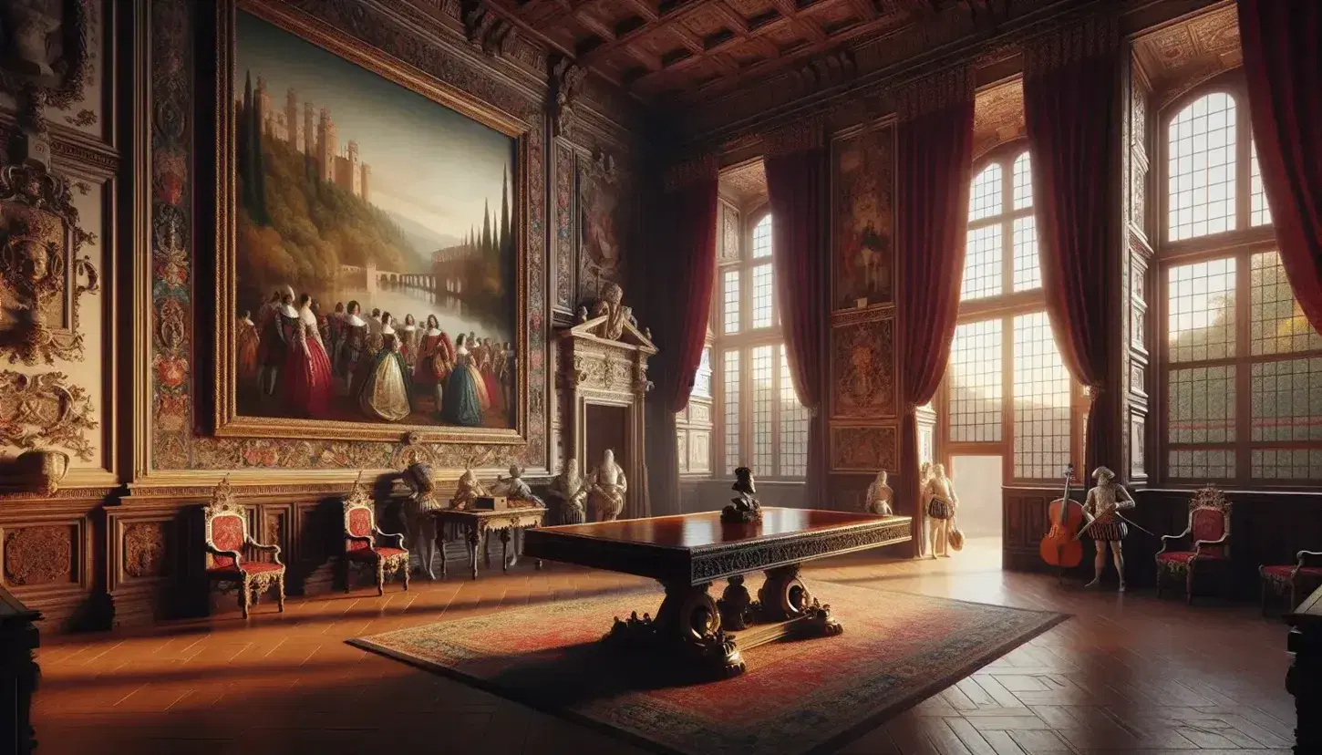Opulent 16th-century Spanish palace room with a polished wood table, red velvet curtains, tapestries, a gilded portrait, marble bust, and trio of musicians.