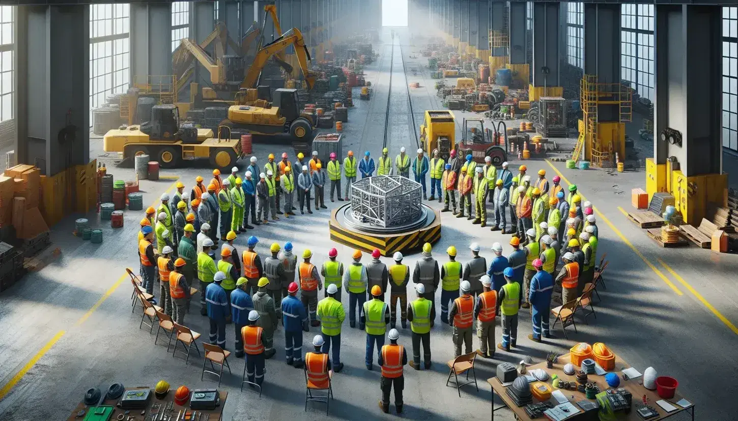 Grupo de trabajadores con equipo de seguridad en taller discutiendo modelo 3D de proyecto, con maquinaria y herramientas al fondo.