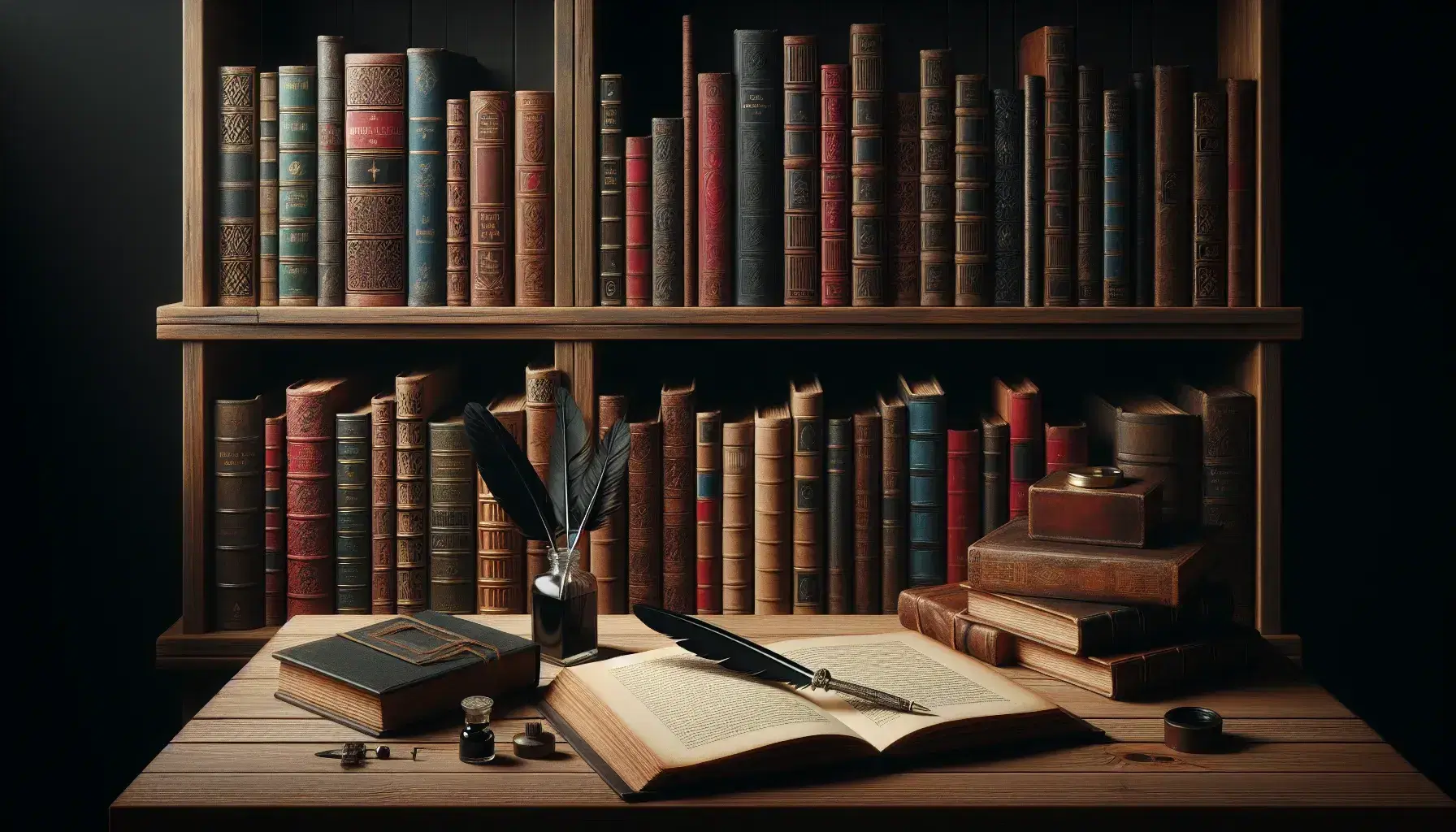 Estantería de madera oscura repleta de libros coloridos con mesa delante y libro abierto, pluma antigua y tintero sobre ella, bajo una luz suave.