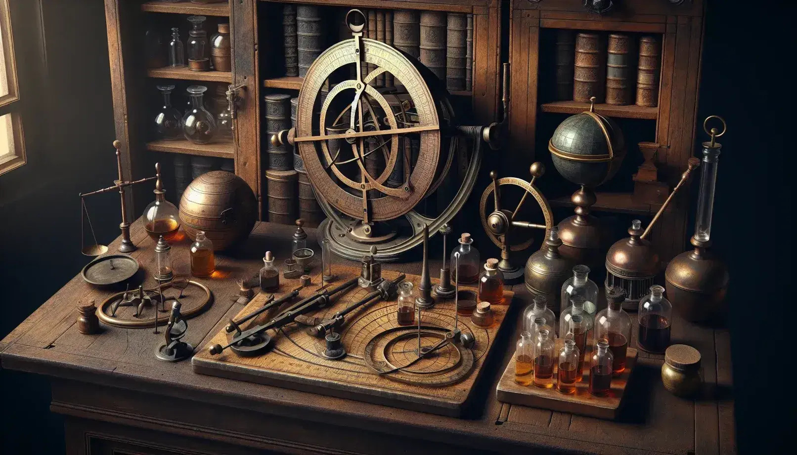 Mesa de madera antigua con instrumentos científicos del Renacimiento, incluyendo un astrolabe de metal, esferas armilares, un microscopio primitivo y frascos de vidrio con líquidos coloridos.