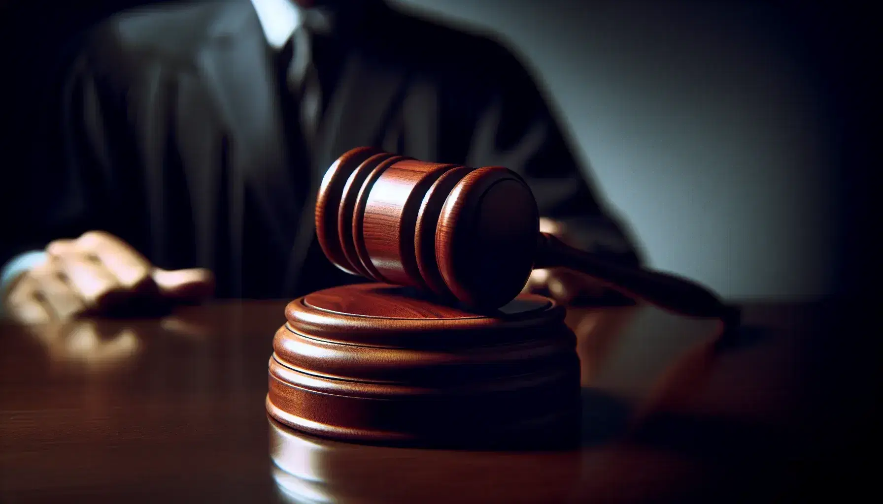 Polished mahogany gavel on sound block with blurred figure in background, evoking a courtroom's gravity on a dark surface.