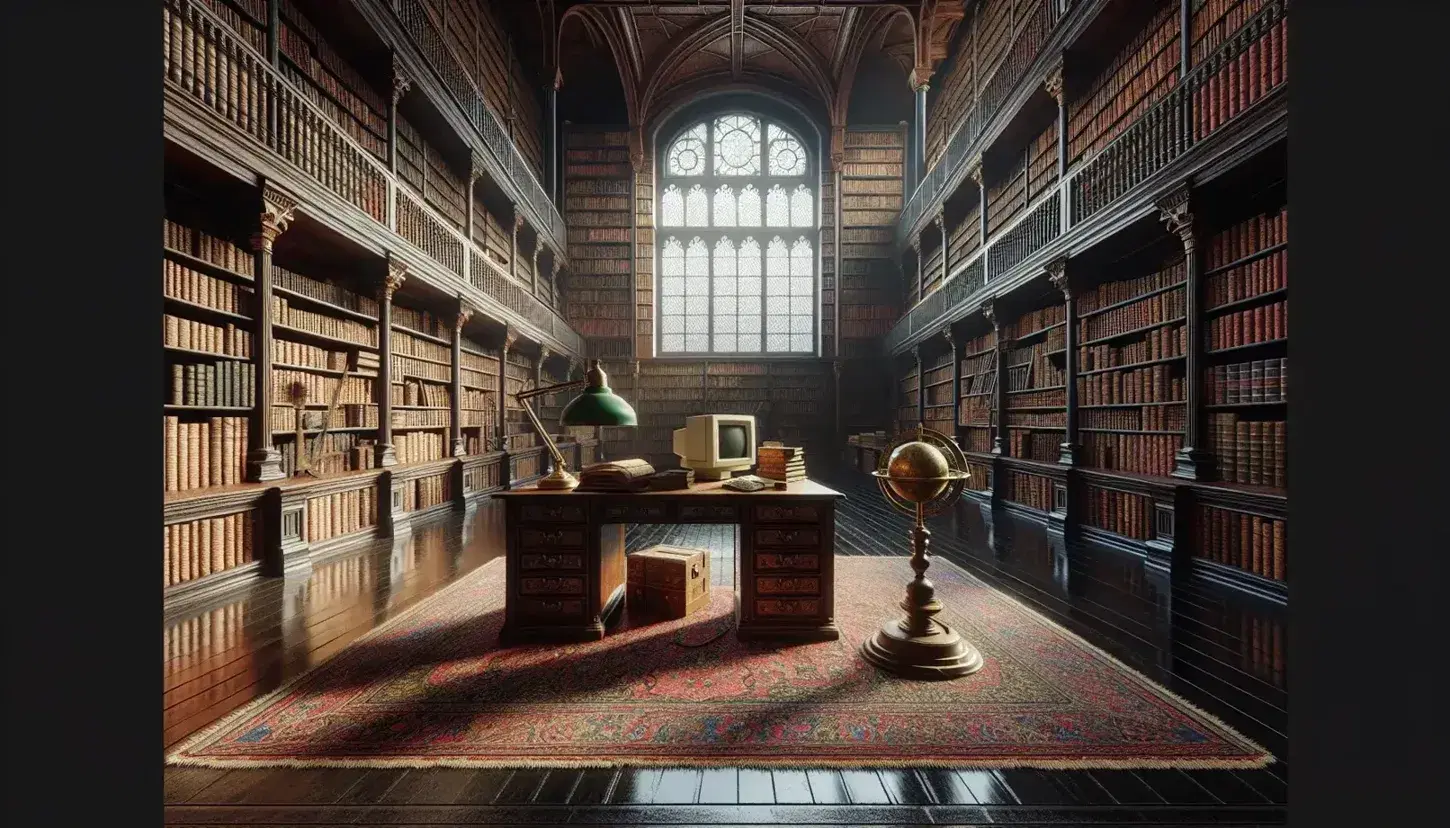 Biblioteca antica con scaffali in legno scuro pieni di libri rilegati, scrivania con computer vintage, tappeto persiano e finestra ad arco.
