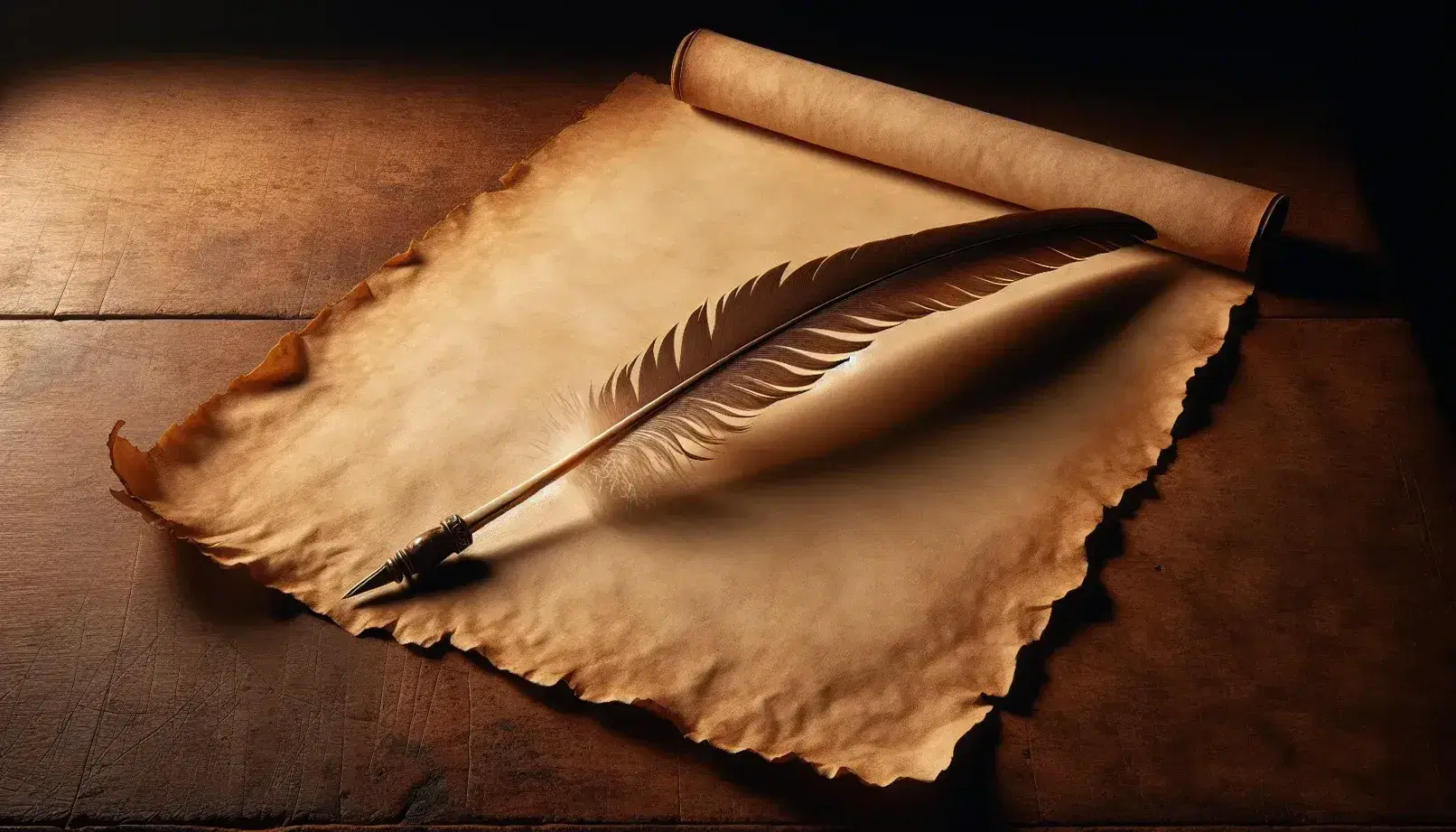 Antique quill pen on yellowed parchment paper, poised for writing, against a dark wooden table background, evoking a historical ambiance.