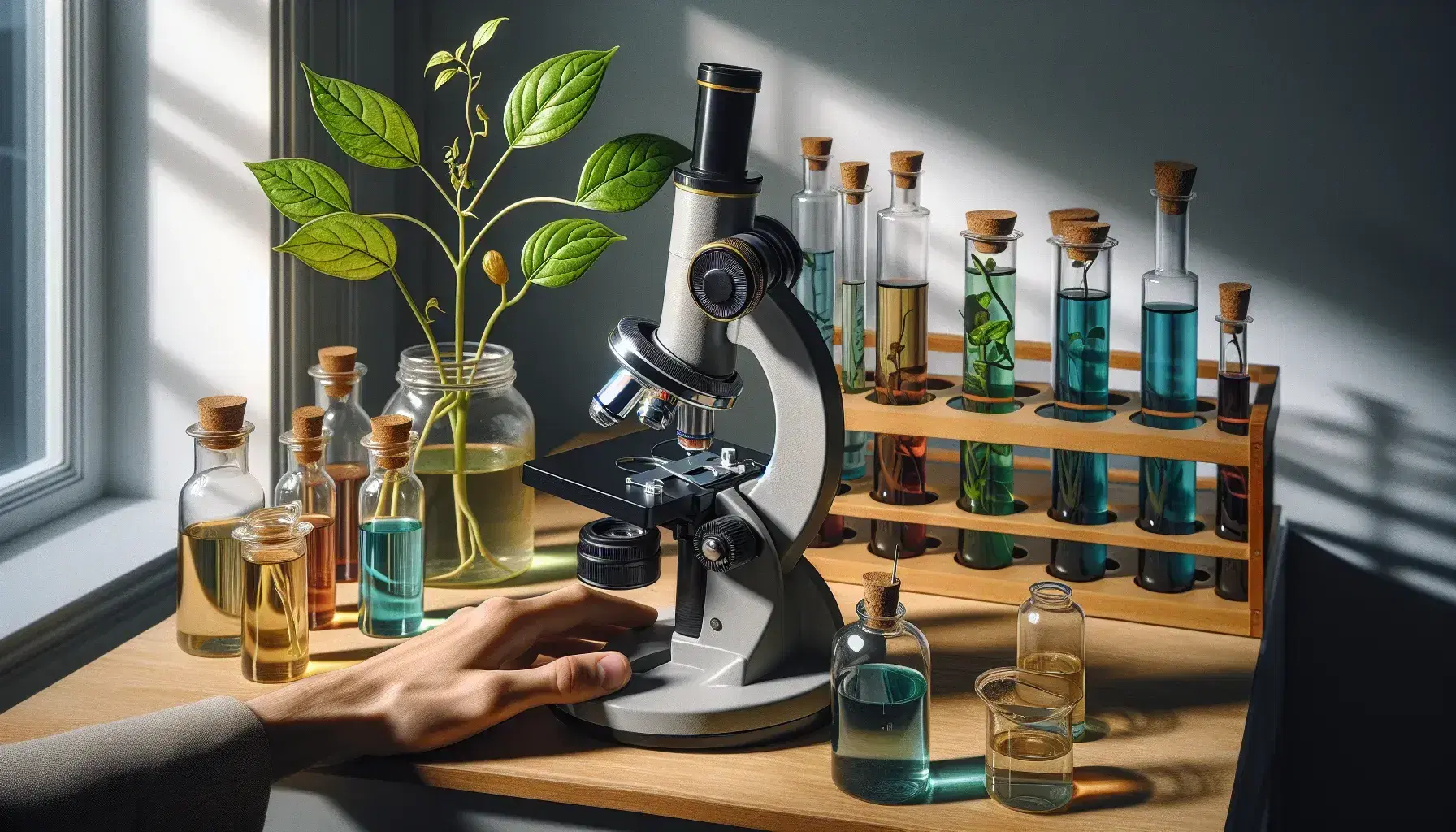Mano sujetando un microscopio de laboratorio con frascos de colores y planta en el fondo, destacando la investigación científica y la naturaleza.