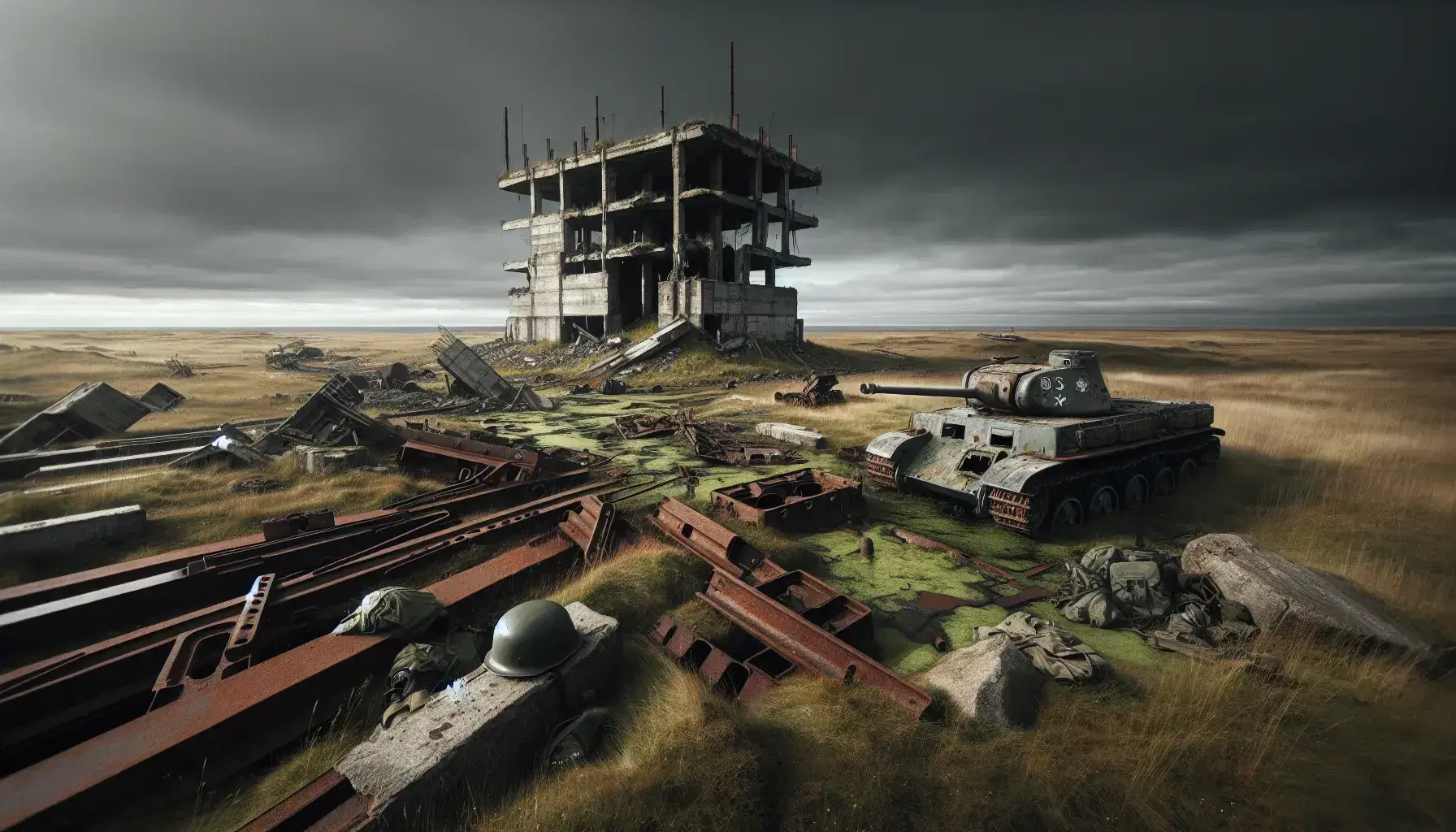 Campo abierto con restos de estructuras de concreto, tanque militar oxidado y casco sobre roca bajo cielo nublado, sin personas.
