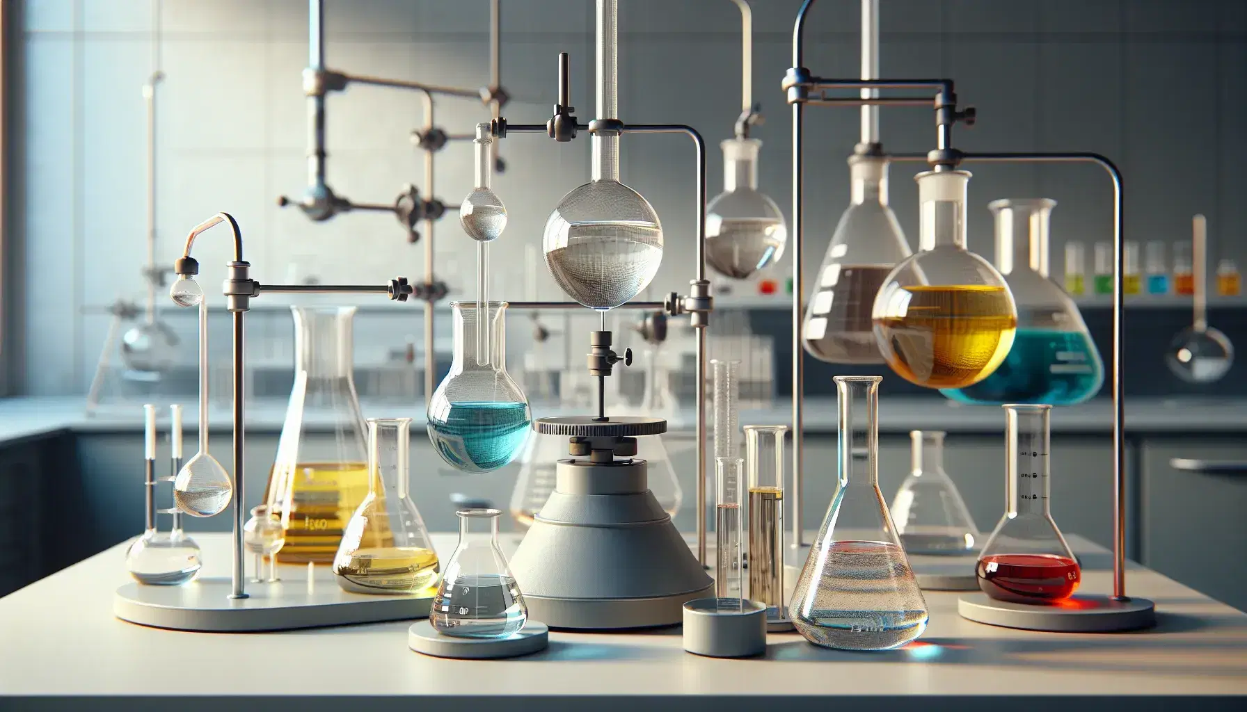 Laboratorio de química con mesa y erlenmeyers con líquidos de colores, matraz de fondo redondo, embudo de separación y mechero Bunsen apagado.