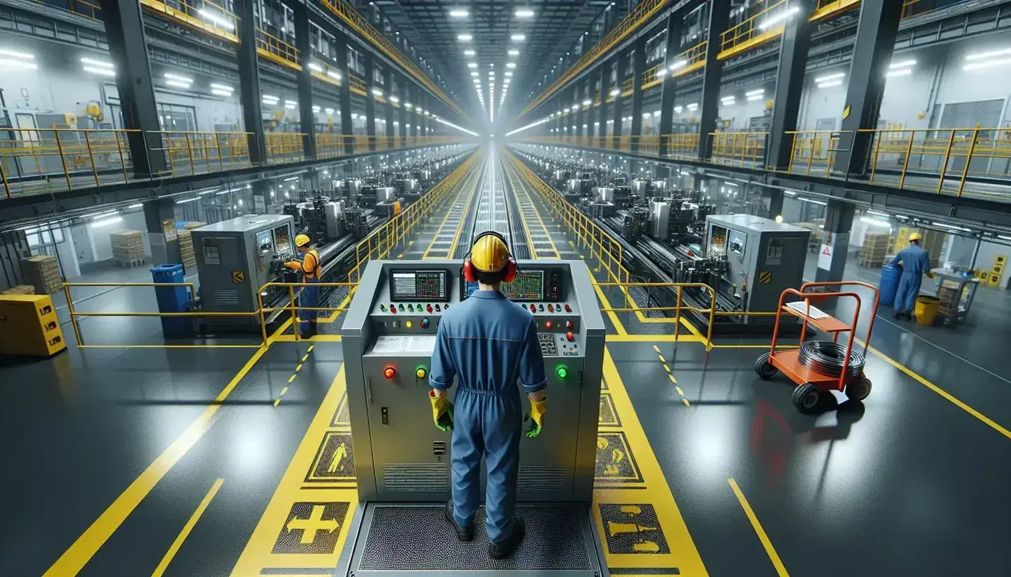 Operaio in tuta blu e casco giallo manovra leve di controllo in magazzino industriale organizzato, con segnaletica di sicurezza a terra.