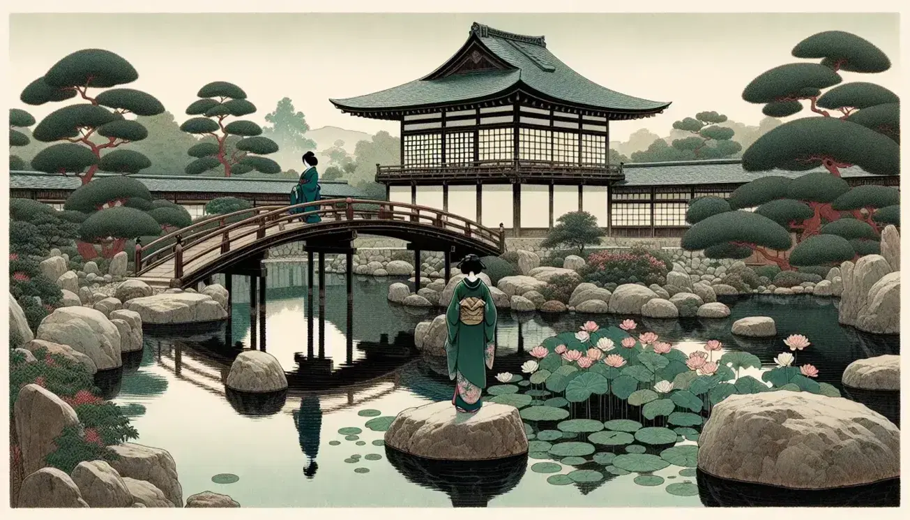 Heian-era Japanese garden with arched bridge, pond reflecting lotus flowers, and figures in traditional kimonos amidst autumnal maples and historic architecture.