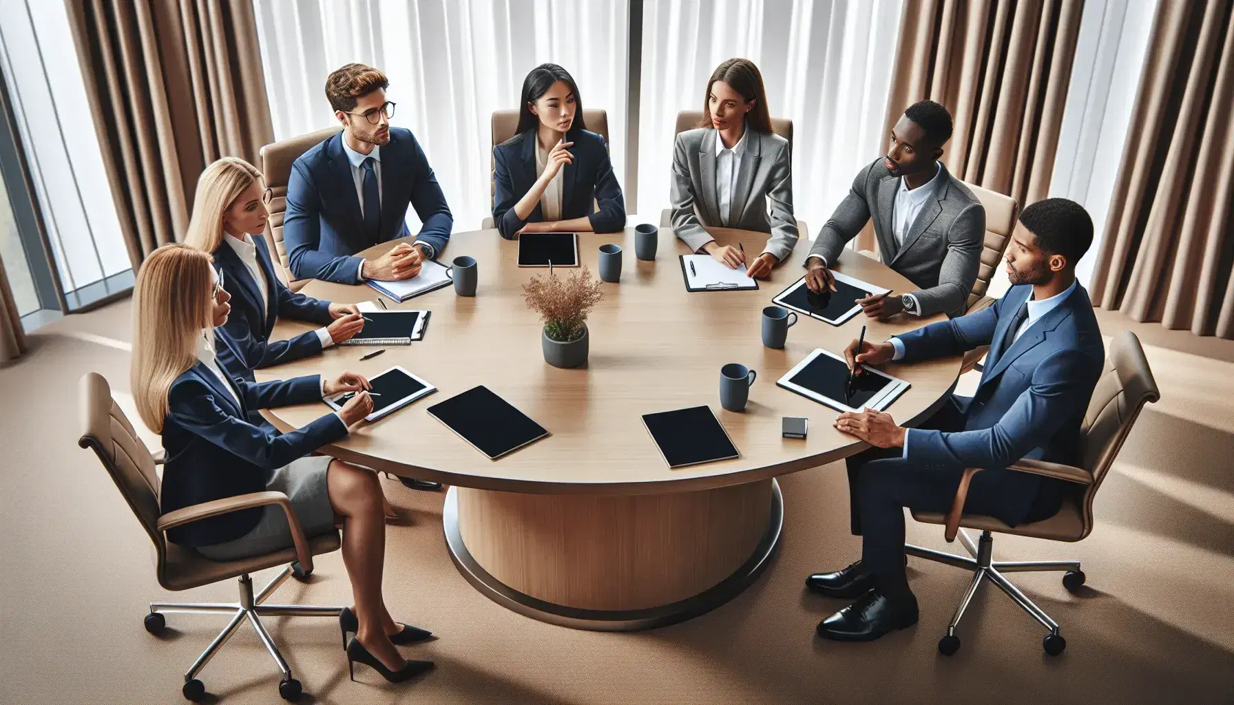 Diverse group of professionals in a meeting, seated around an oval table with notepads and tablets, in a well-lit conference room.