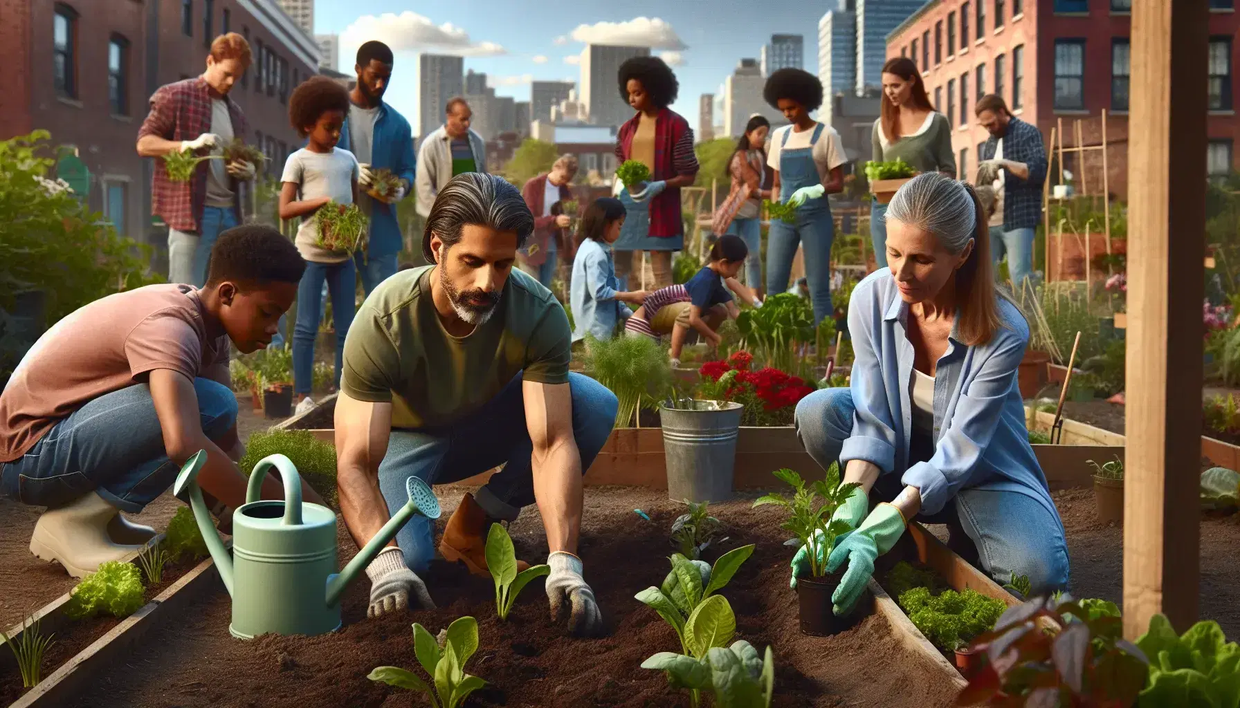 Grupo diverso colaborando en huerto urbano comunitario con actividades de jardinería, rodeados de vegetación y edificios de ciudad en el fondo.