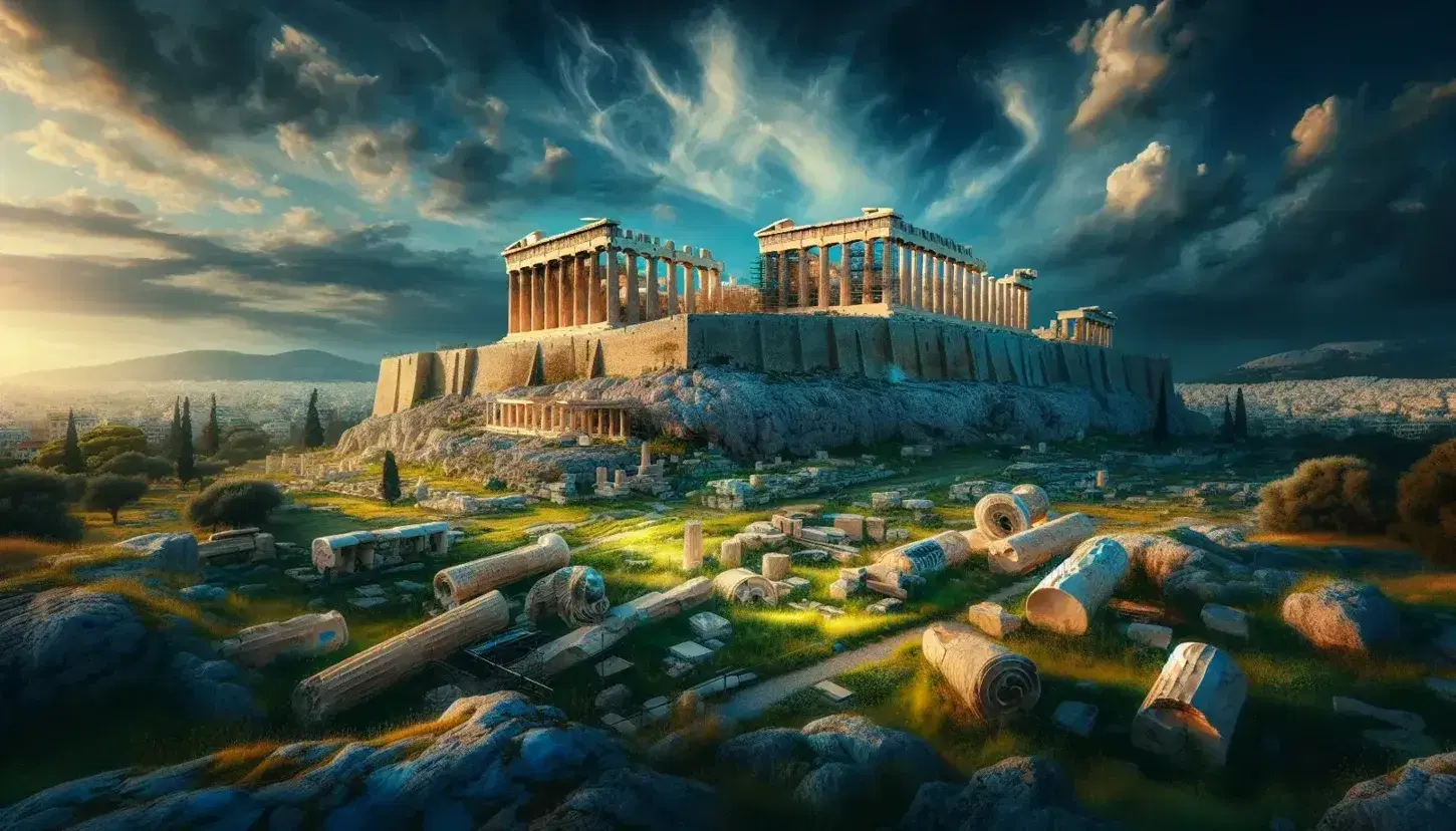 Vista panoramica dell'Acropoli di Atene con il Parthenon al tramonto, colonne doriche e rovine antiche su erba verde.