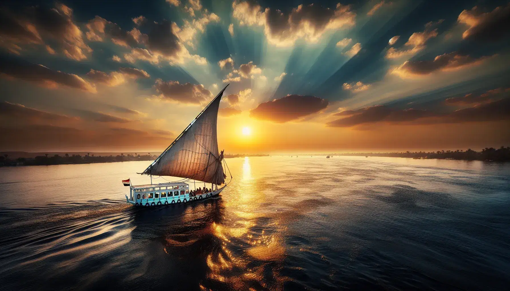 Tramonto sul Nilo con felucca a vela, cielo colorato da giallo a blu e riflessi dorati sull'acqua, silhouette di palme sulla riva.