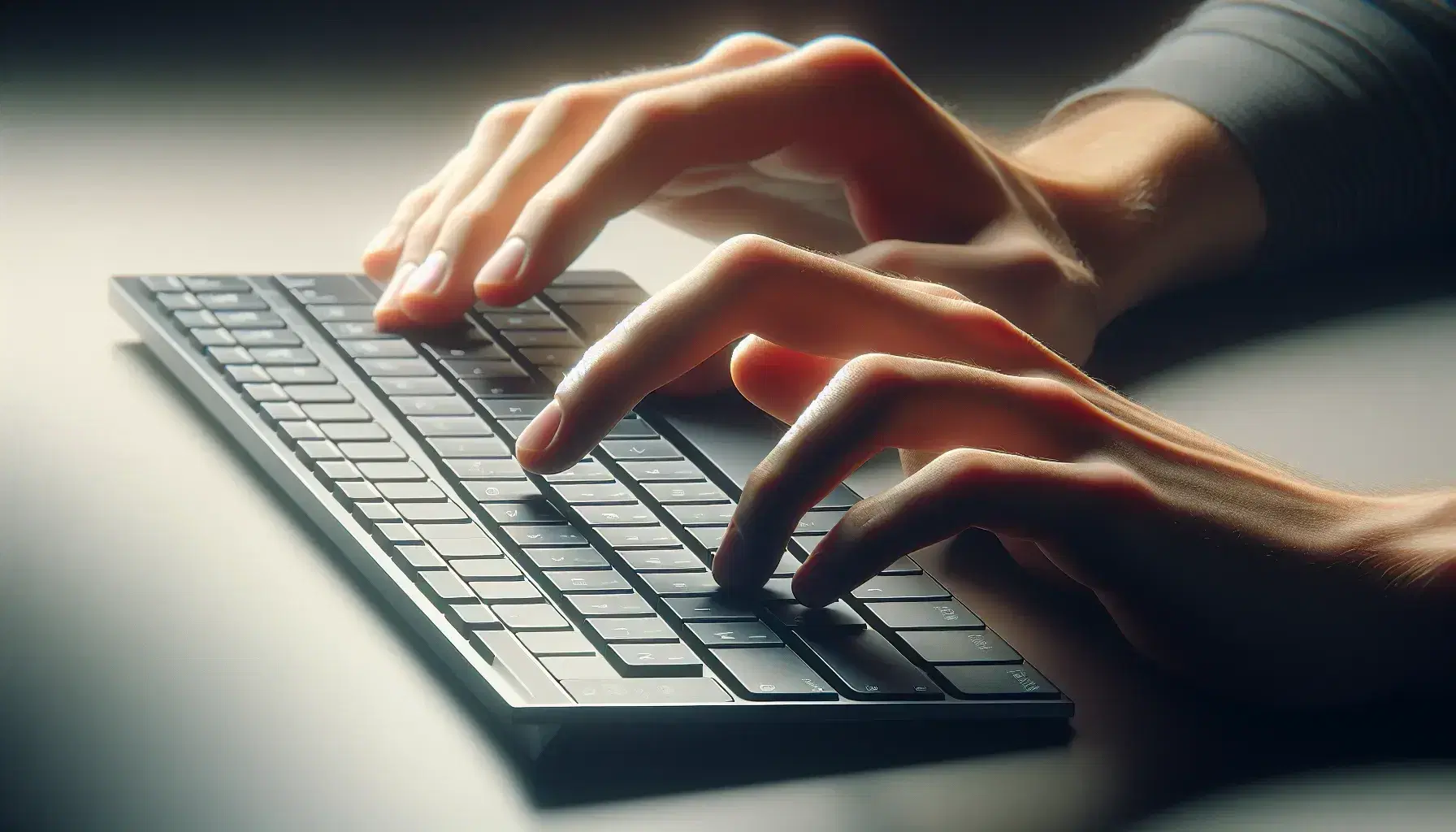 Hands resting on modern computer keyboard without letters, ready to type, blurred background, black and silver monochrome colors.