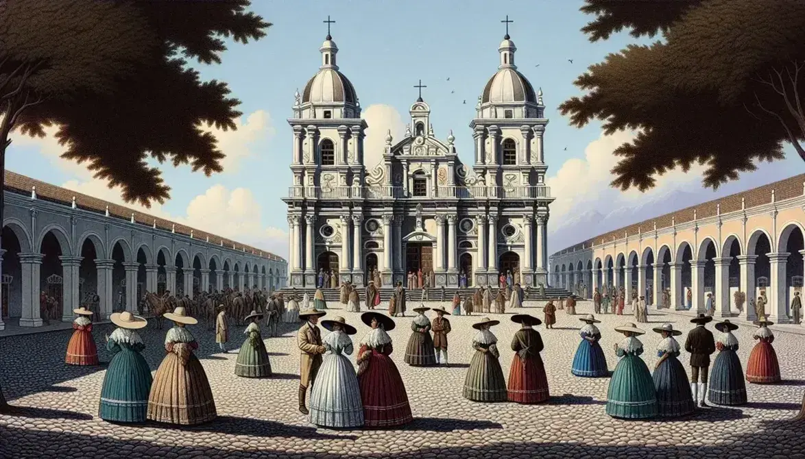 Iglesia colonial con torres simétricas y cúpulas, frente a una plaza adoquinada con personas en trajes de época bajo un cielo despejado.