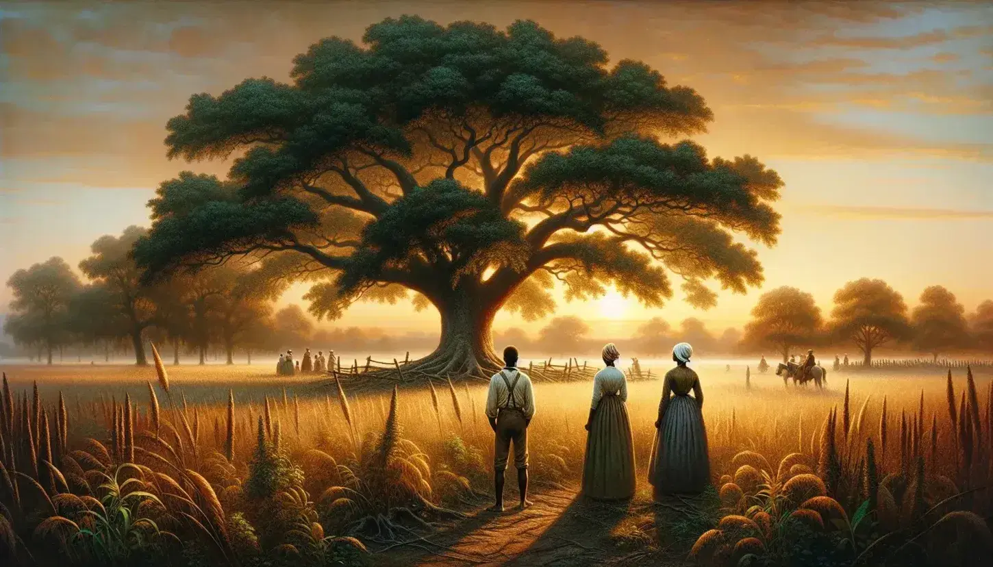 Dawn breaks over a field with a majestic oak tree and three African descendants in 19th-century attire, gazing towards a warm sunrise.