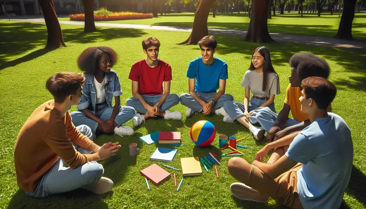 Grupo de cinco jóvenes de diversas etnias participando en actividad al aire libre en parque soleado, sentados en césped verde con árboles y elementos de juego.