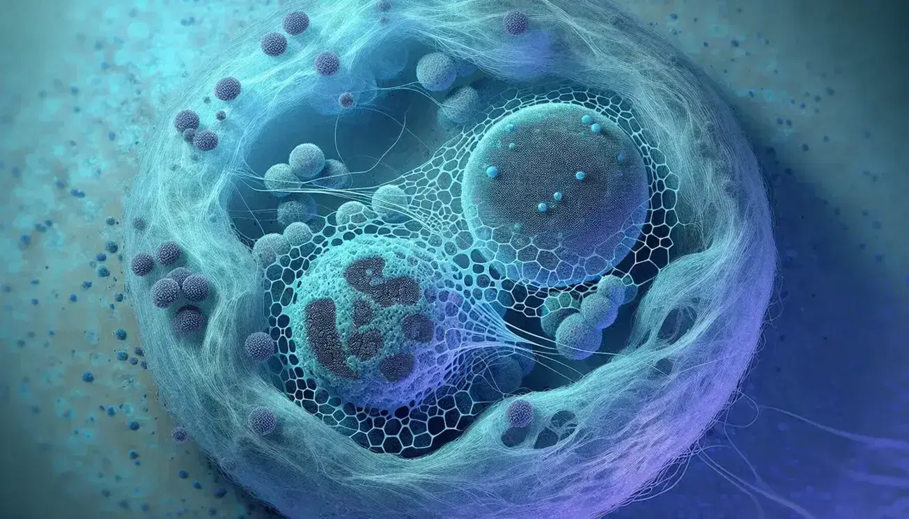 Vista microscópica de células eucariotas con redes membranosas, una con ribosomas y otra lisa, cerca de un núcleo oscuro en tonos azules y morados.