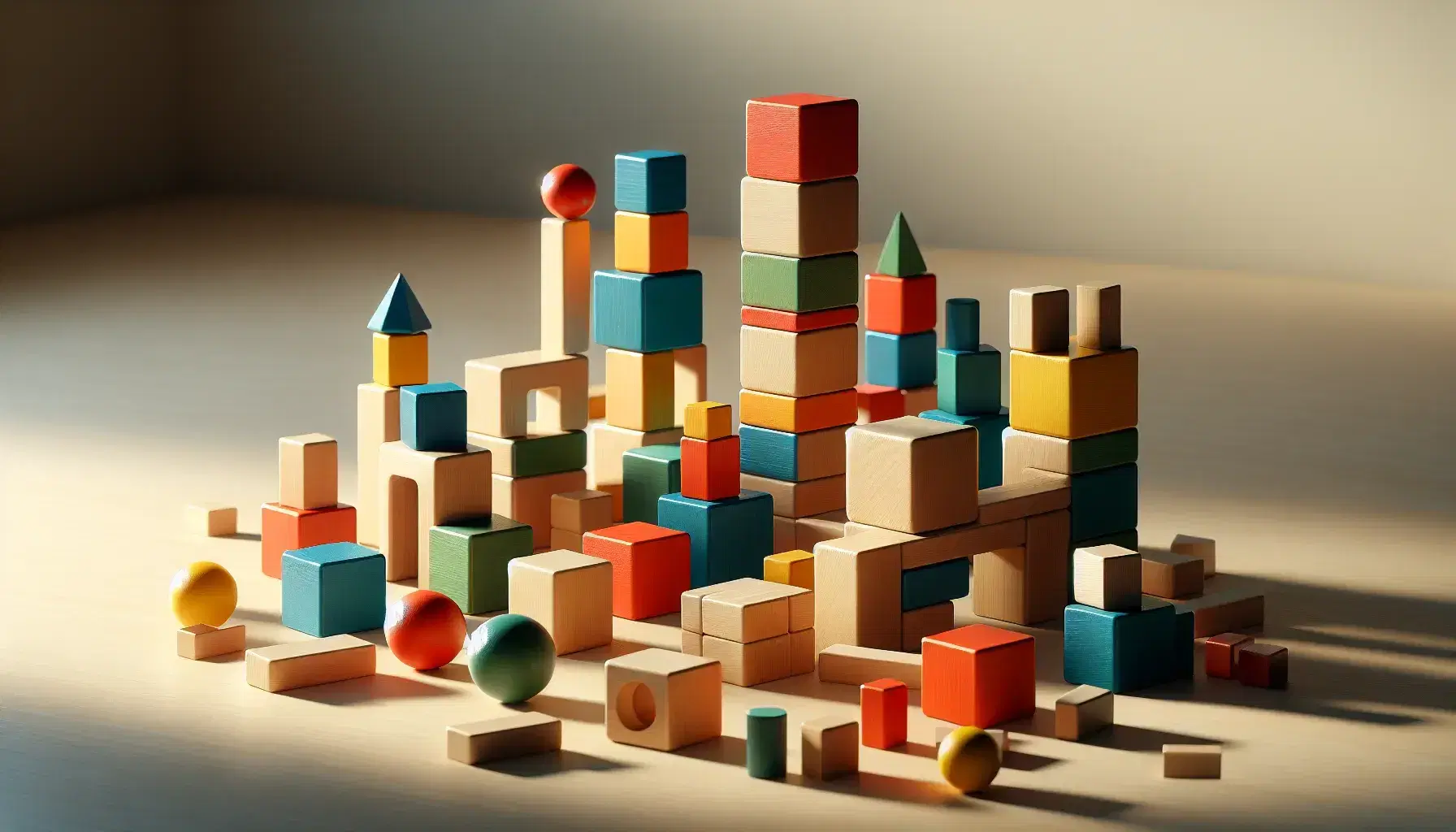 Bloques de madera de colores y formas geométricas variadas, incluyendo cubos, cilindros y esferas, sobre superficie clara.