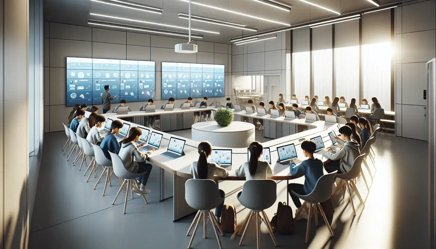 Aula moderna con studenti concentrati su dispositivi elettronici intorno a un tavolo ovale, insegnante interagente e lavagne interattive.