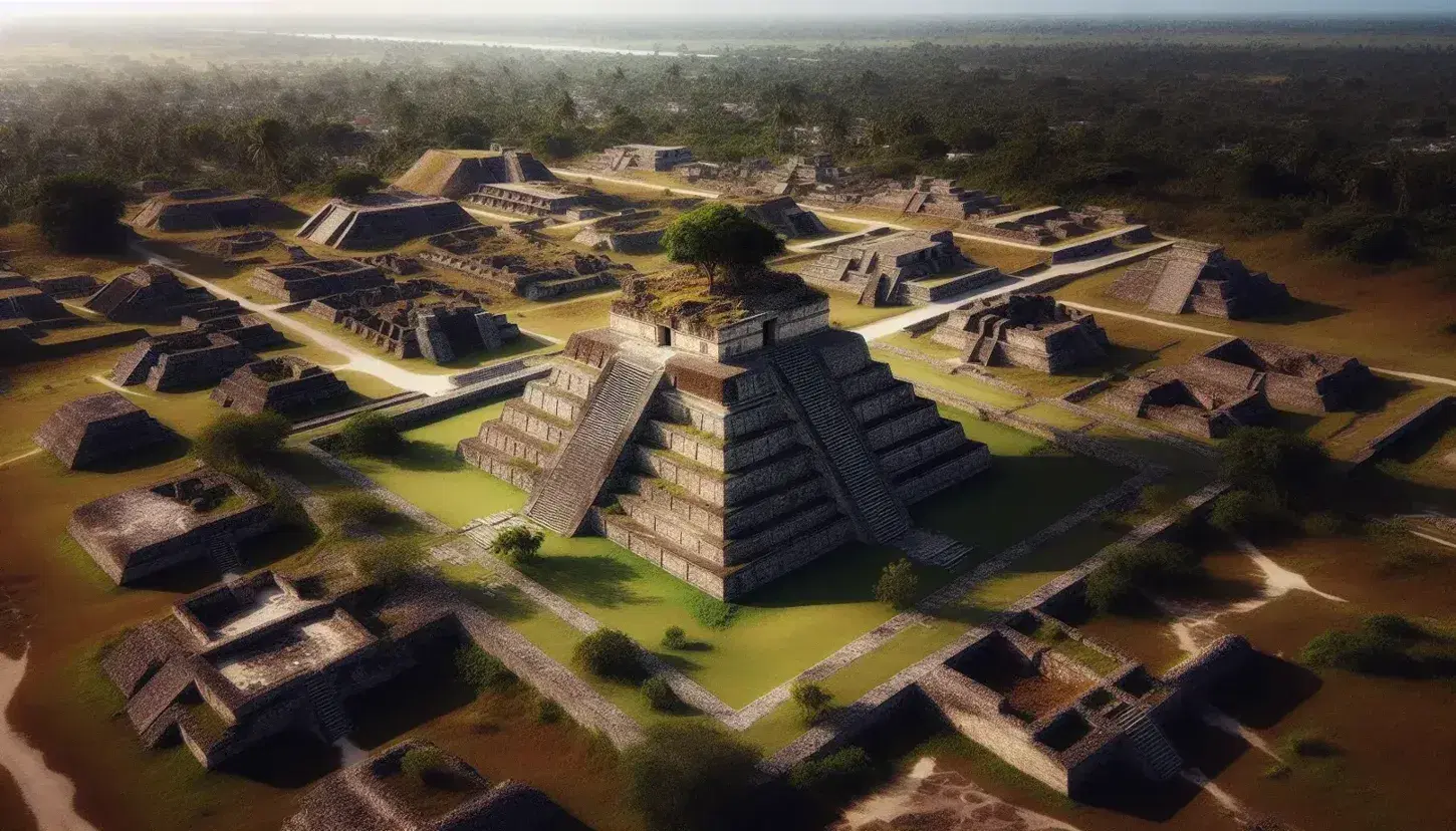 Vista aérea de ruinas de una antigua ciudad mesoamericana con pirámide escalonada central rodeada de vegetación y estructuras menores en piedra.