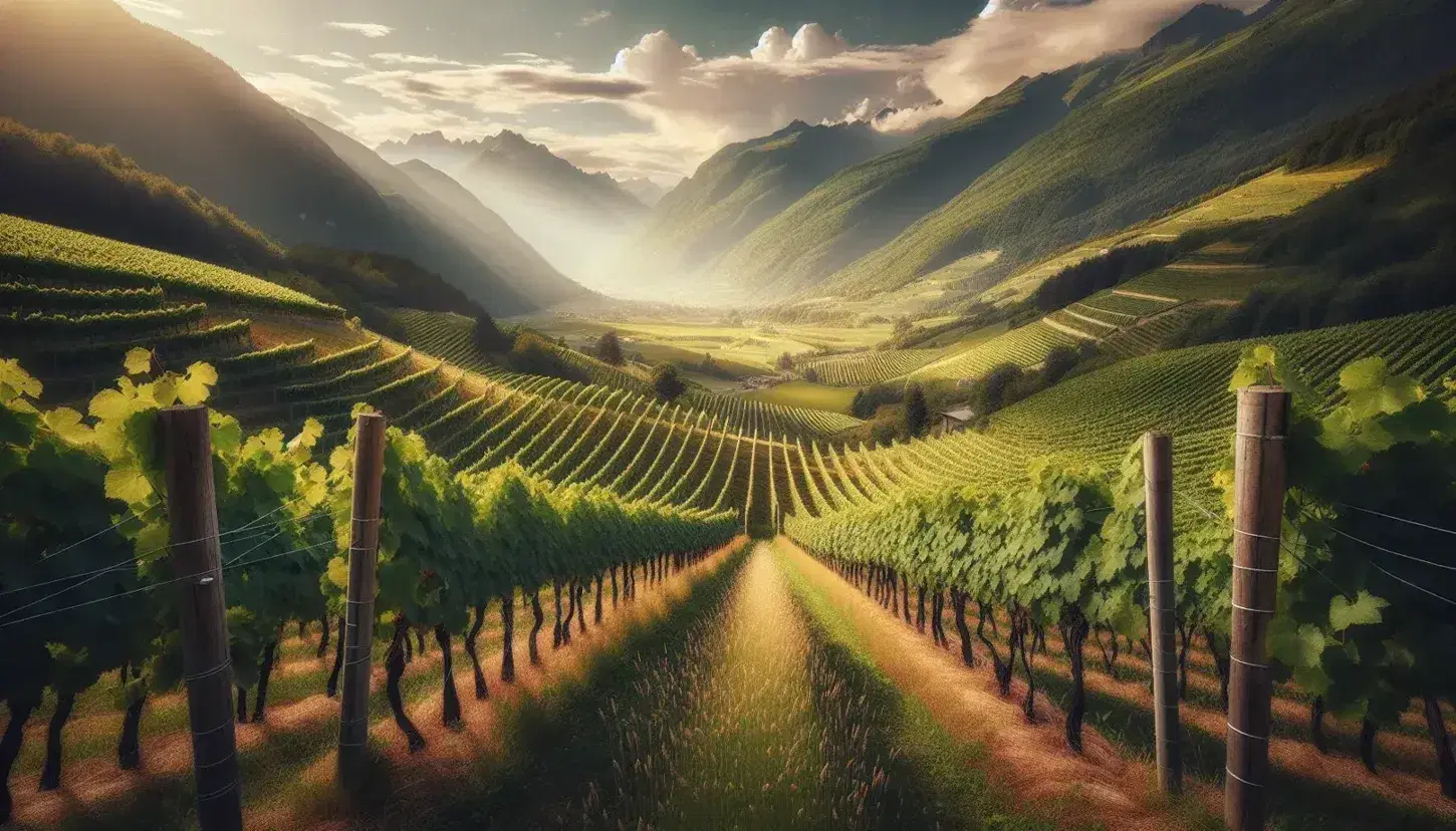 Vigneti rigogliosi su pendii collinari in Valle d'Aosta in estate, con montagne innevate sullo sfondo e cielo azzurro.