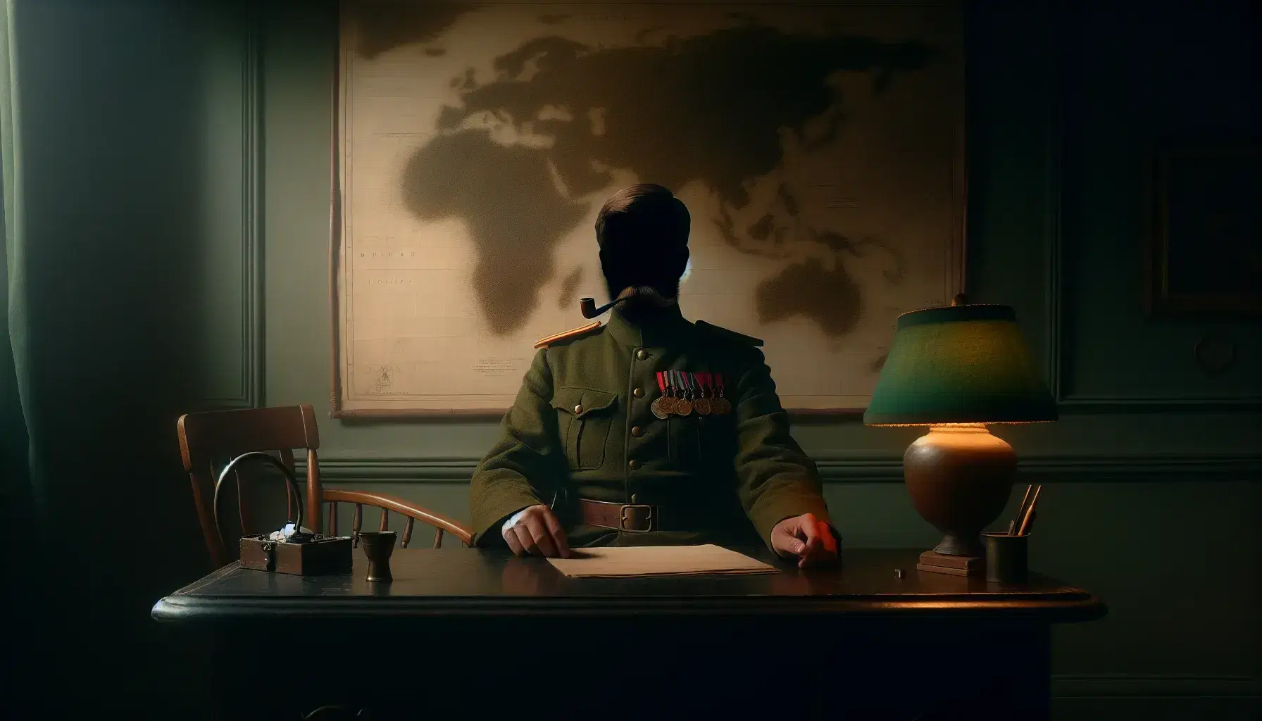 Stern, faceless military figure in olive uniform with medals, seated at a dark desk with a pipe, behind a blurred map on a cream wall.