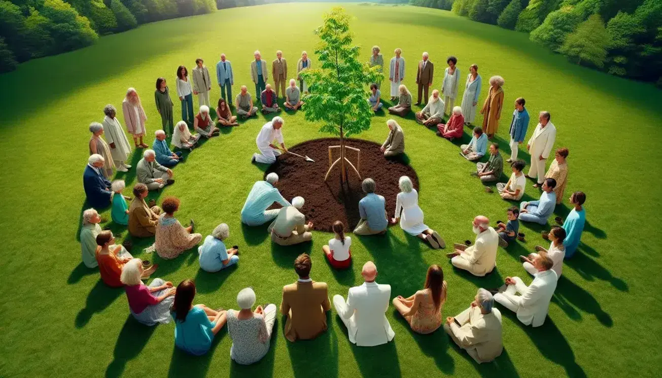 Cerchio di persone multietniche di varie età pianta un giovane albero su un prato verde, sotto un cielo azzurro con nuvole sparse.