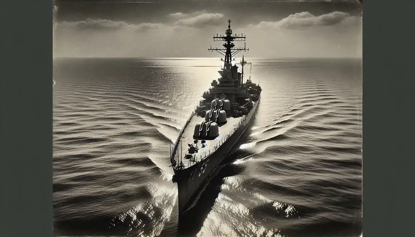 Vintage US Navy destroyer sailing in the calm Gulf of Tonkin, with clear skies and a shimmering sea reflecting sunlight.