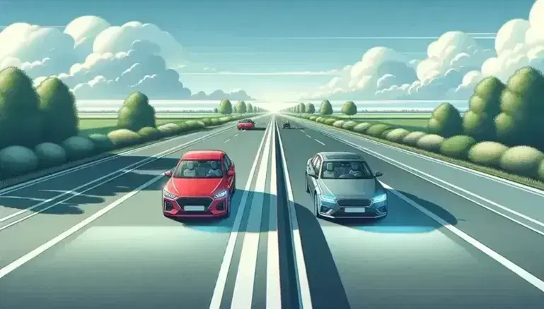 Strada a due corsie con auto rossa seguita a distanza di sicurezza da auto grigia, cielo azzurro con nuvole sparse e vegetazione verde ai lati.