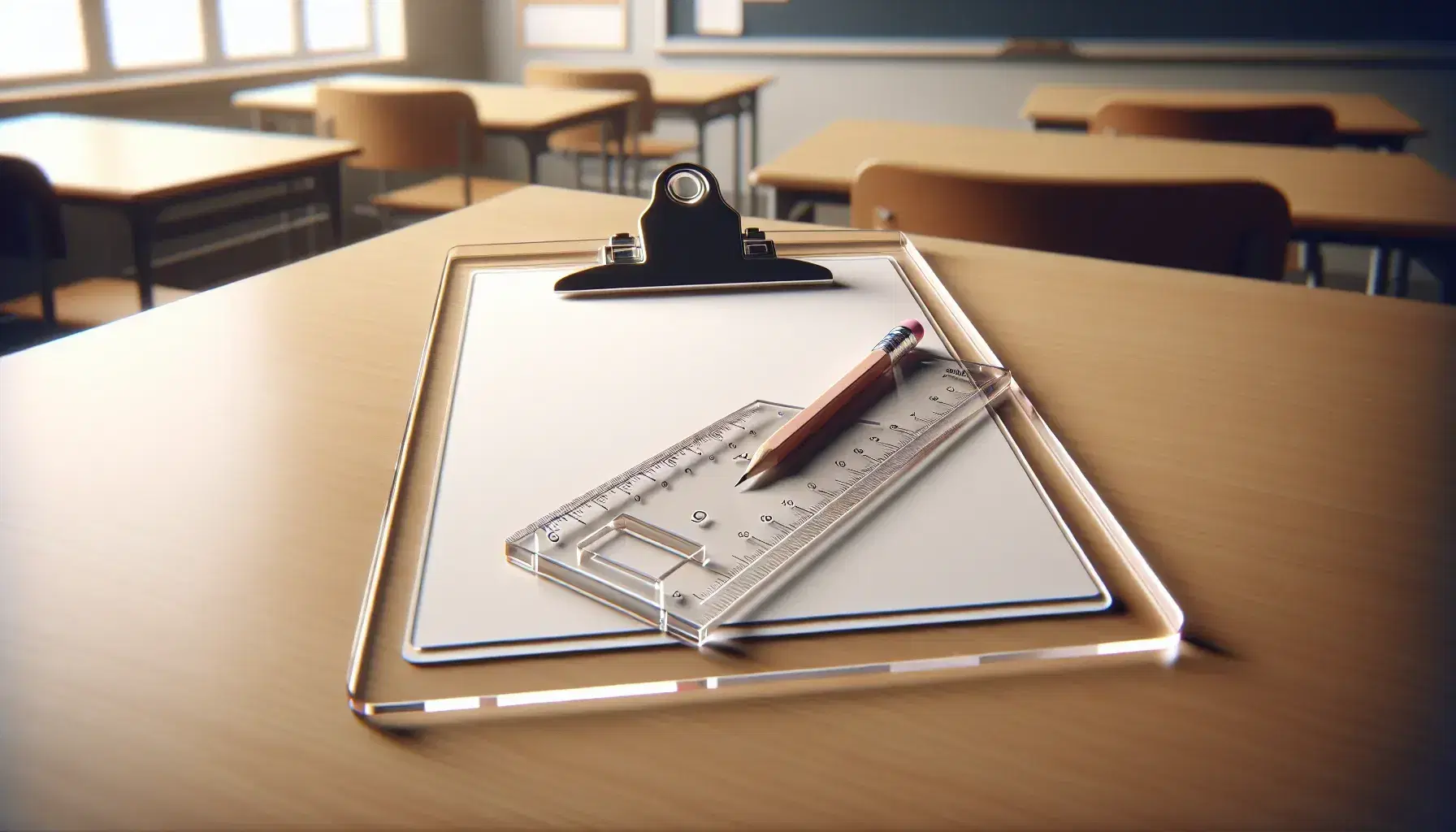 Clear acrylic clipboard with blank paper, transparent ruler, and sharpened pencil on a wooden desk in a softly lit, empty classroom setting.