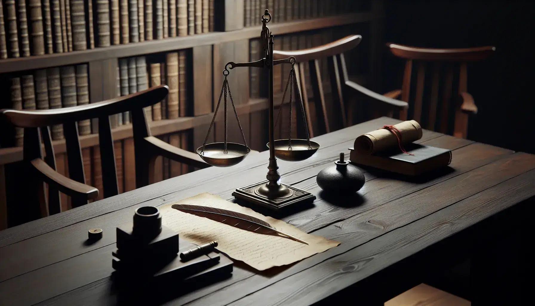 Mesa de madera oscura con balanza de bronce antigua, tintero negro con pluma y pergamino atado con cinta roja, flanqueados por dos sillas de cuero marrón.