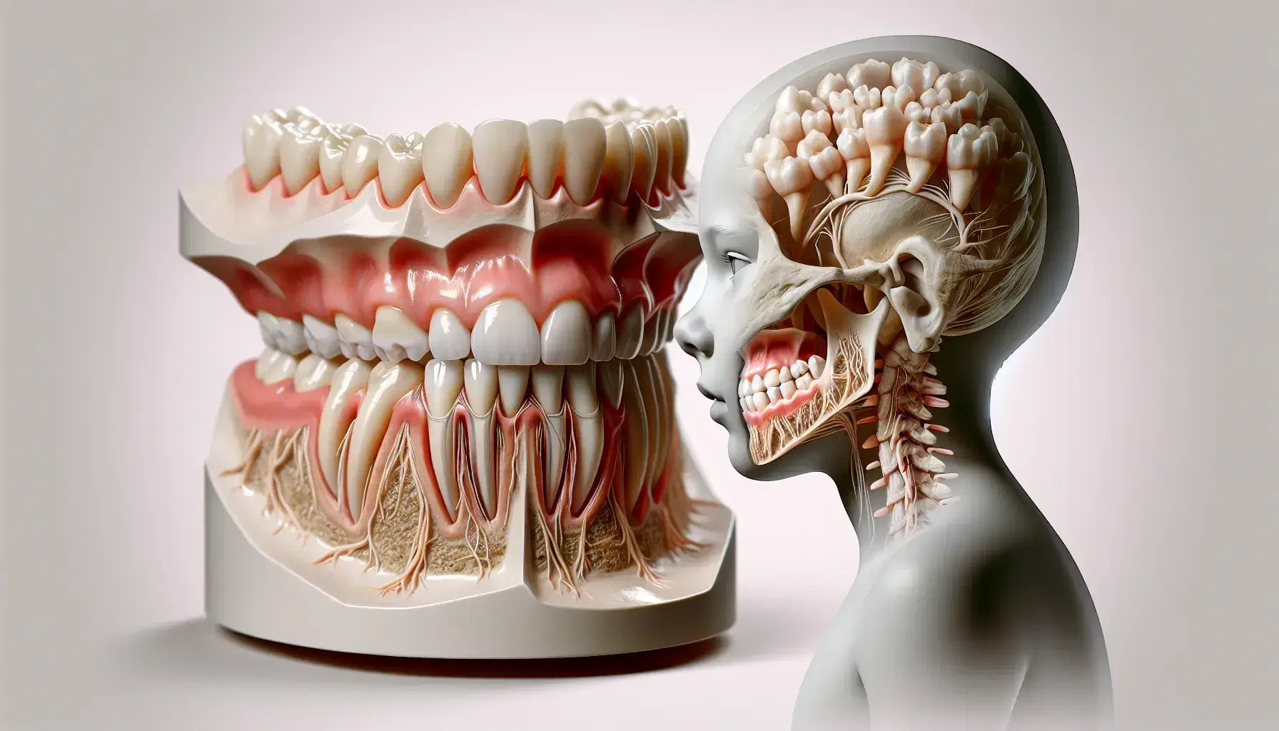 Modelo tridimensional de mandíbula inferior semi-transparente mostrando dientes en desarrollo y erupción, con raíces y nervios visibles.