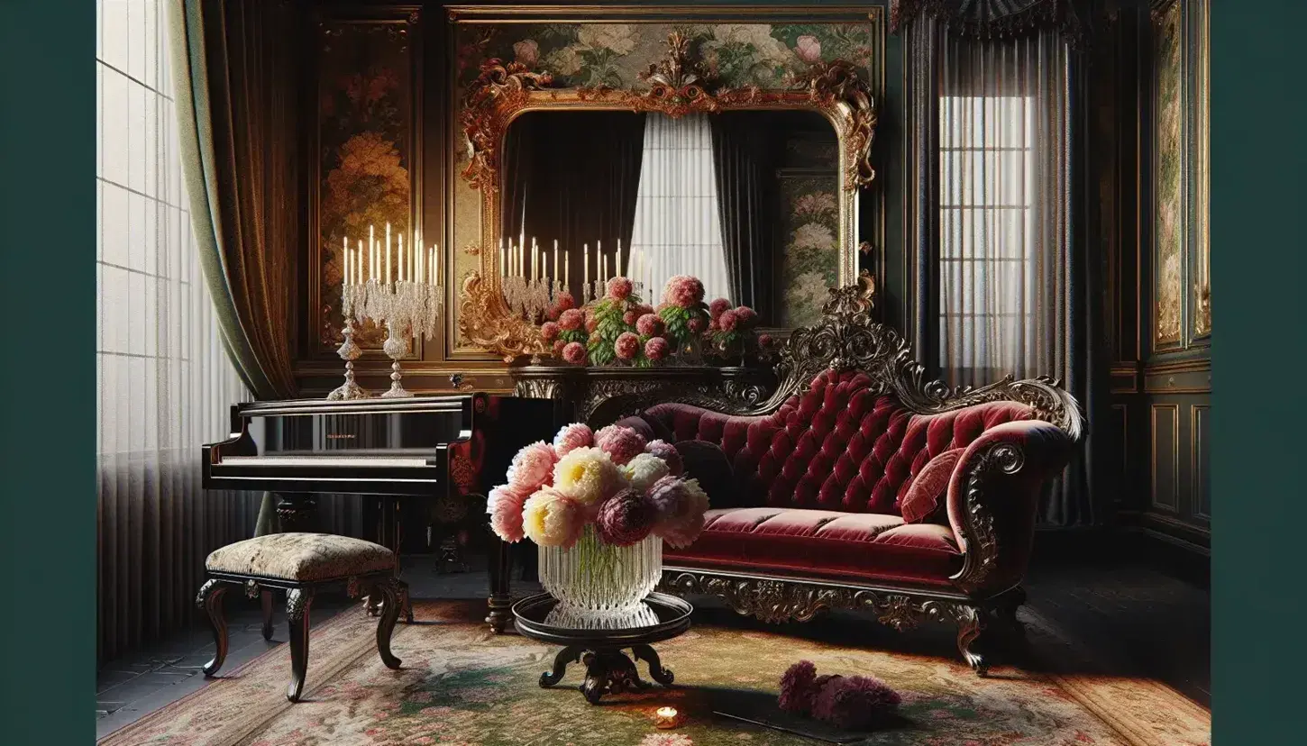Salotto d'epoca con divano vittoriano in velluto rosso, specchio dorato, pianoforte nero, tavolino con vaso di peonie e libri antichi sul tappeto persiano.