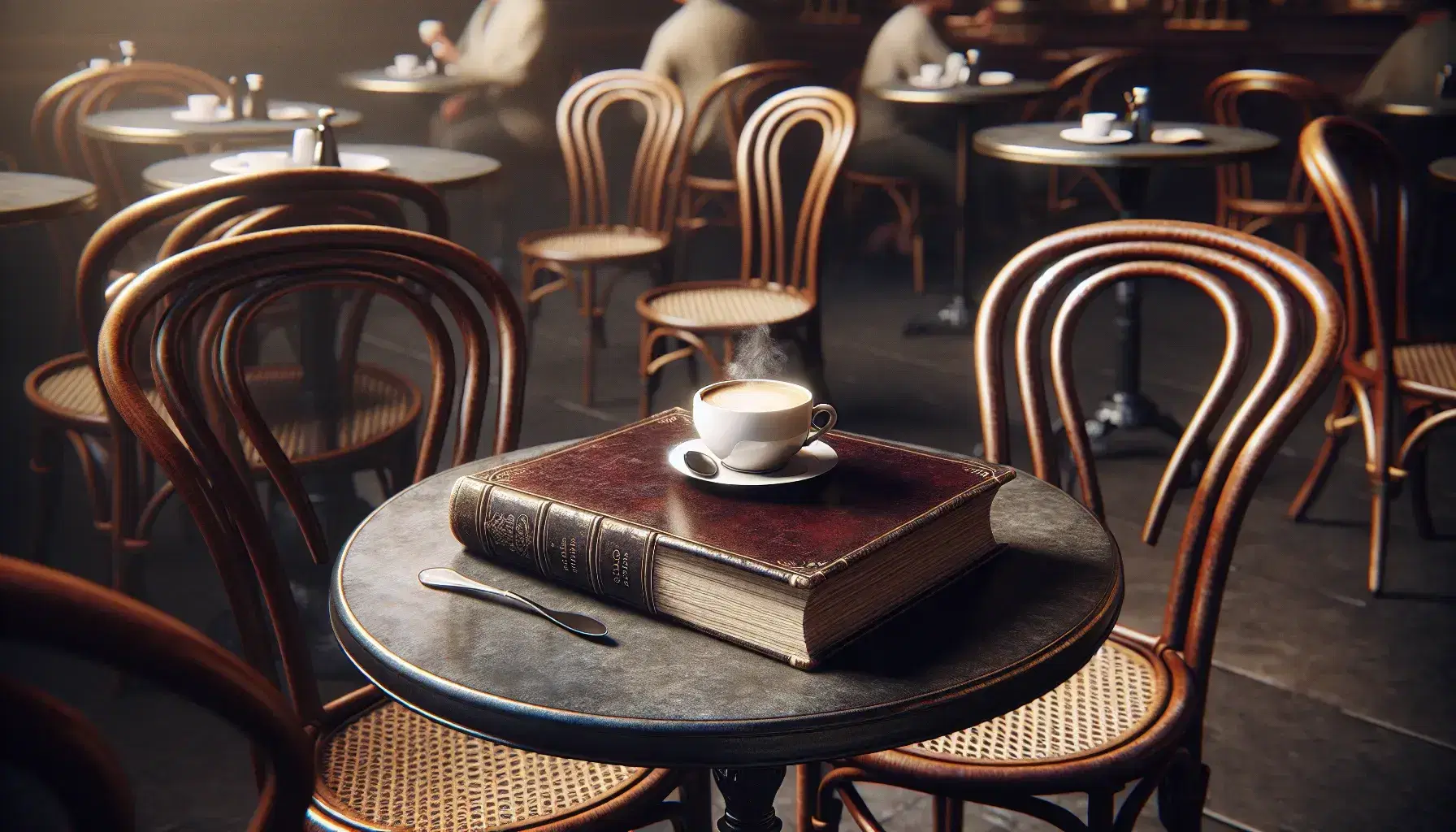 Classic French café ambiance with a round iron table holding a steaming coffee cup and a vintage burgundy book, flanked by wooden rattan chairs.