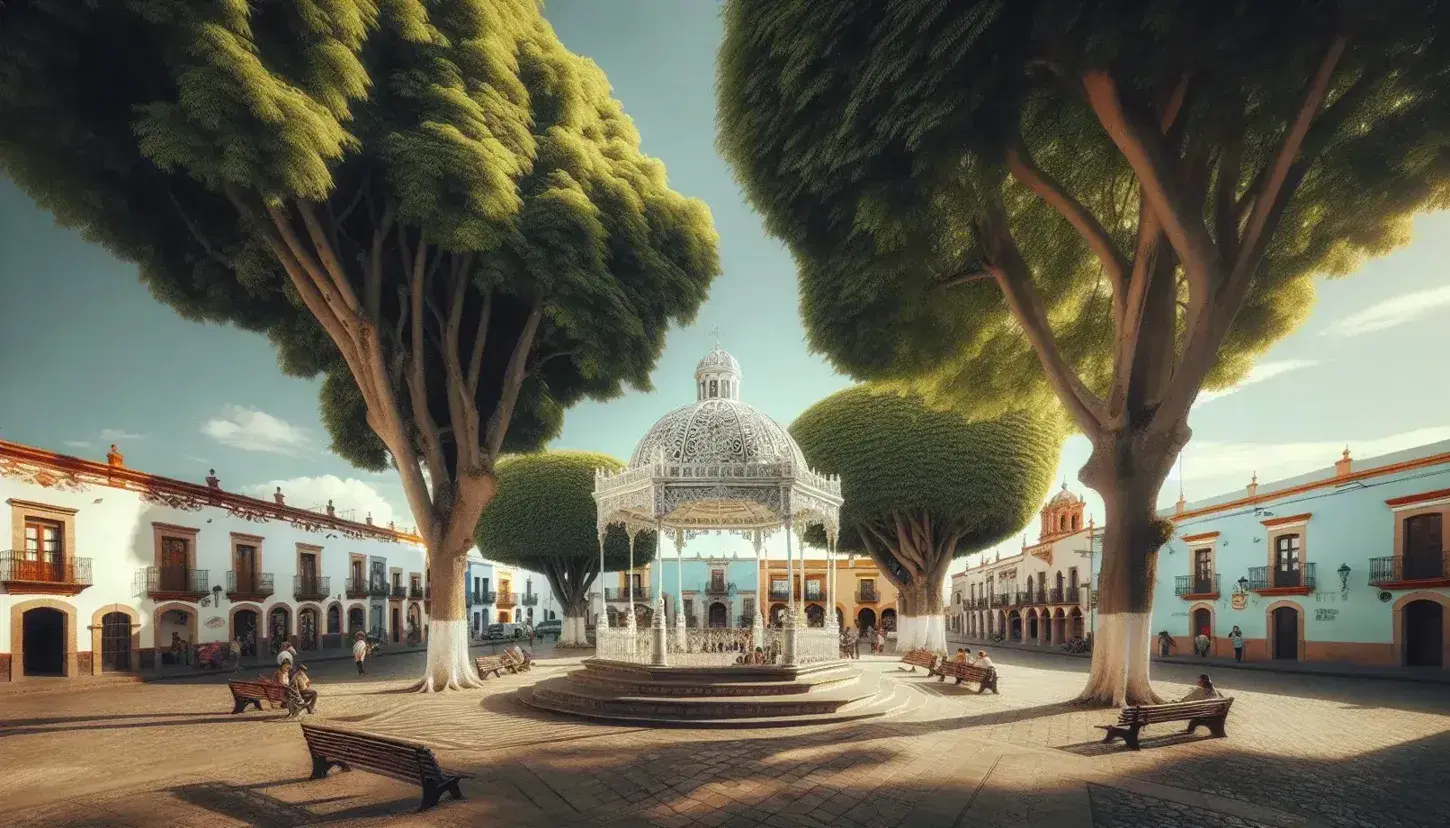 Vista panorámica de una plaza central en un pueblo mexicano con un kiosco blanco, bancas de concreto, árboles frondosos y edificios coloniales bajo un cielo despejado.