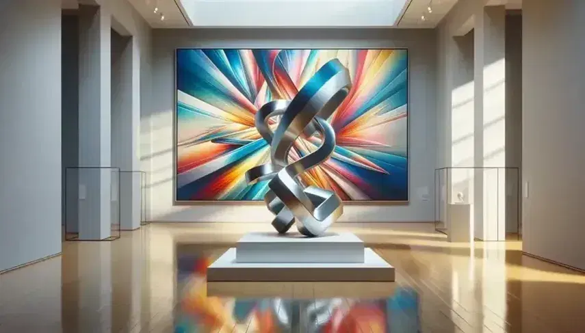 Sala de museo con escultura abstracta metálica en pedestal, cuadro de pinceladas vibrantes y videoinstalación artística, iluminación suave y sin personas.