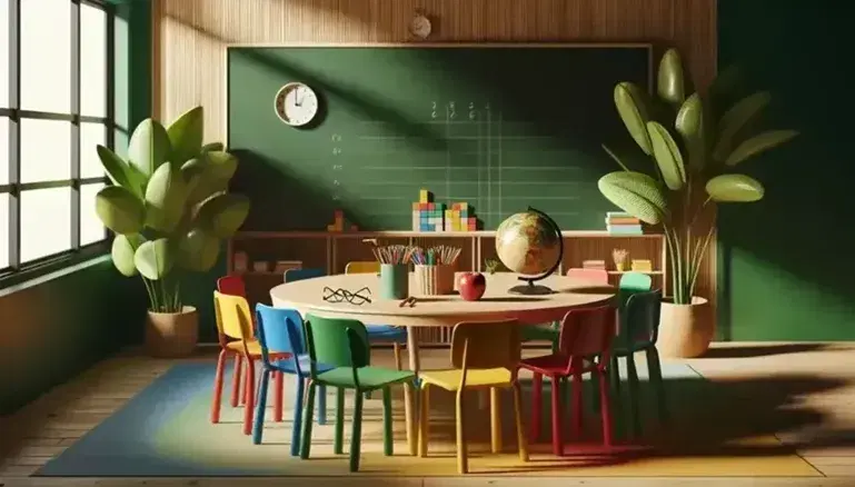 Aula luminosa con tavolo rotondo e sedie colorate, oggetti didattici sul tavolo, lavagna verde e piante ai lati, finestra grande a destra.
