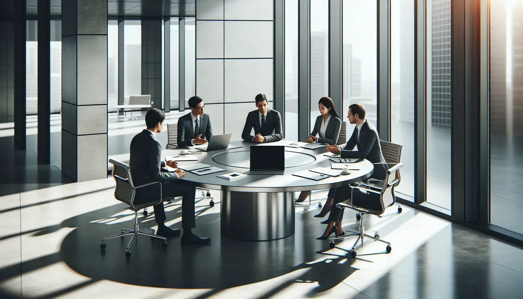 Diverse team of professionals engaged in a meeting around a round table with a laptop, papers, and smartphone in a bright office with city views.