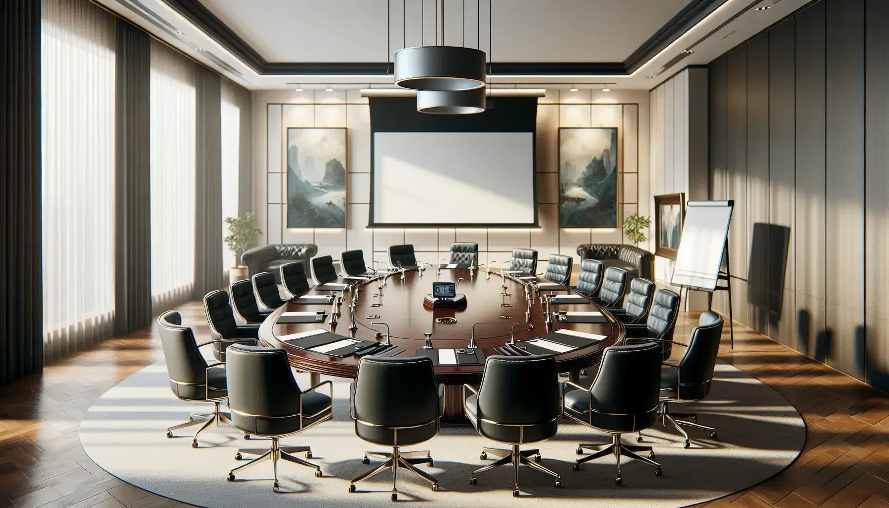 Sala de juntas amplia con mesa ovalada de madera, sillas de cuero negro, pantalla de proyección blanca, flipchart y ventanas con cortinas translúcidas.