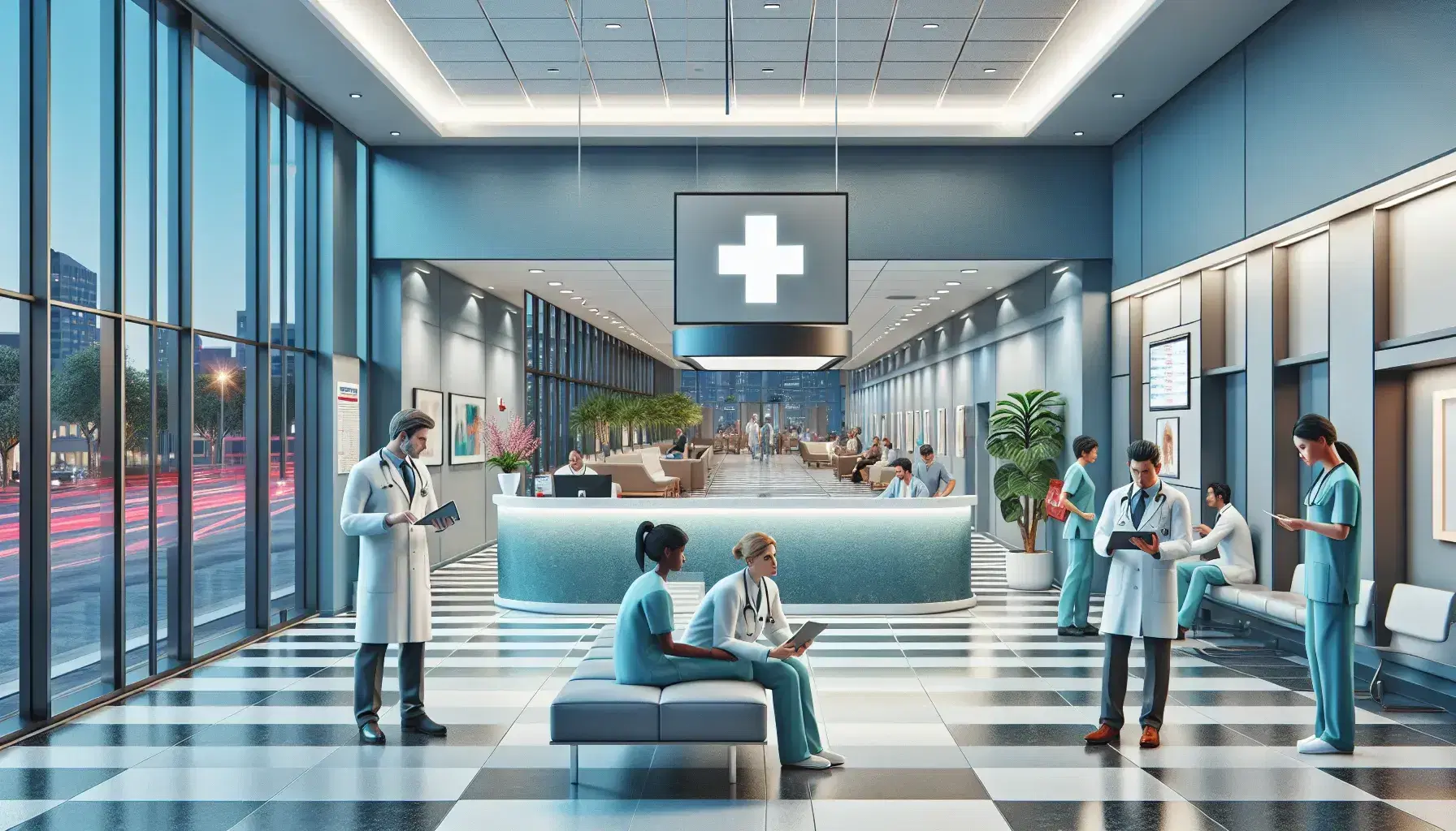 Busy hospital lobby with doctor, nurse and administrator assisting patients, furnished with plants and abstract paintings, checkered floor.
