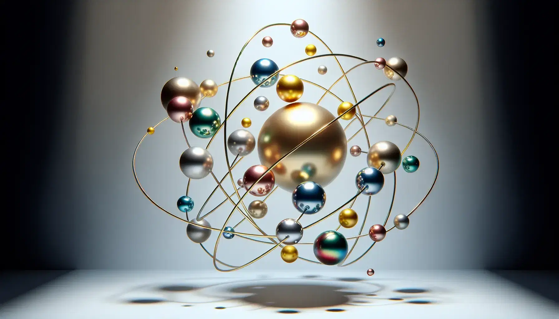 Sfere sospese di varie dimensioni in stile atomico con sfere dorate centrali e sfere colorate più piccole intorno, su sfondo grigio chiaro.