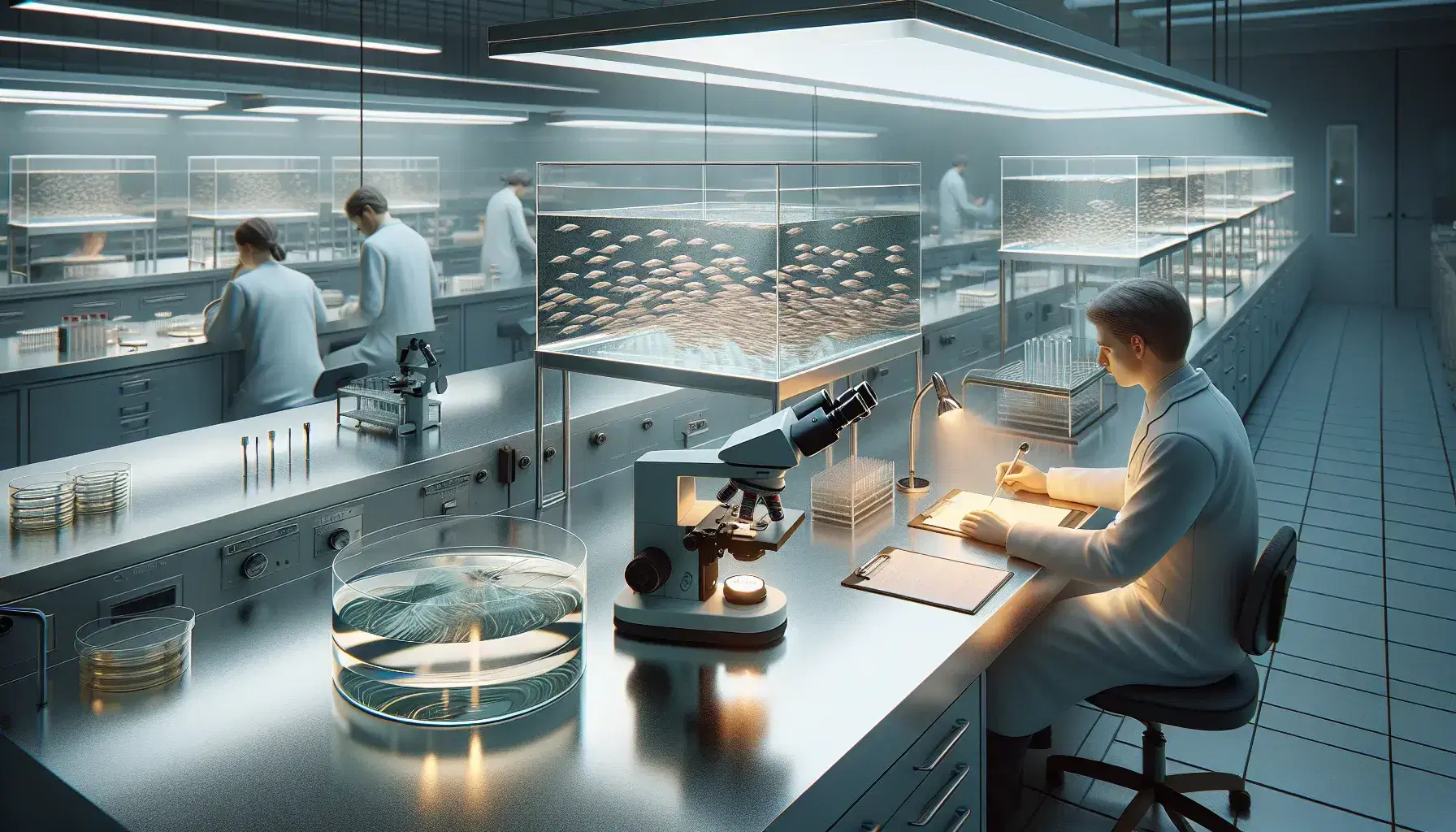 Bright scientific laboratory with researcher at the microscope, colleague observes zebrafish in the tank and third analyzes data on the computer.