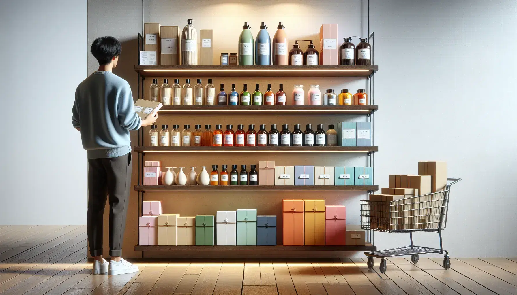 Estante de madera con productos variados en botellas de vidrio, cajas coloridas y frascos de plástico, con una persona examinando un artículo y un carrito de compras al lado.