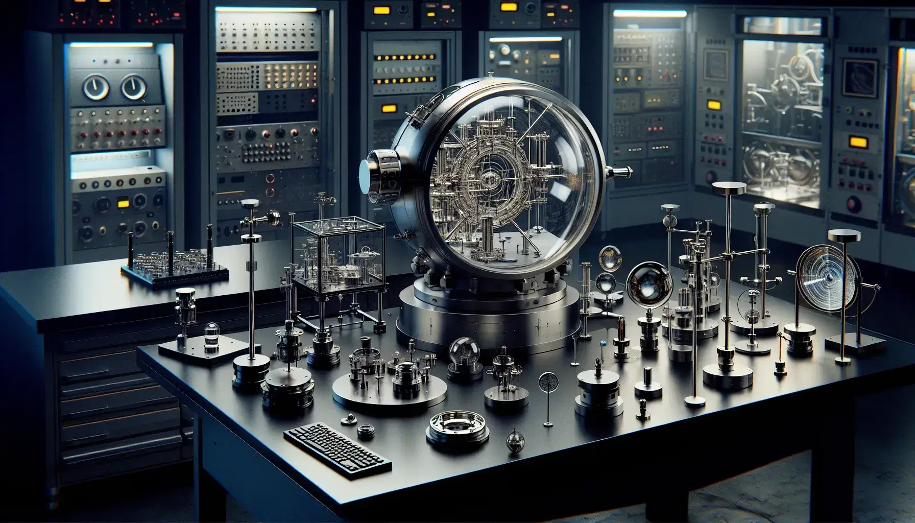 Laboratory with vacuum chamber for quantum experiments, optical table with mirrors and lenses, computer, and racks of electronic equipment.