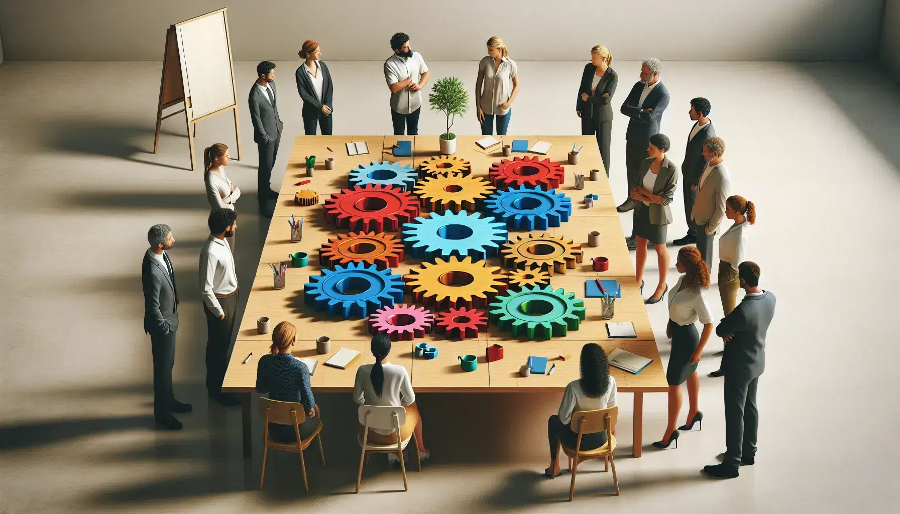 Grupo diverso de personas concentradas alrededor de una mesa con un modelo de engranajes de colores primarios, indicando colaboración y pensamiento estratégico en un entorno de trabajo.