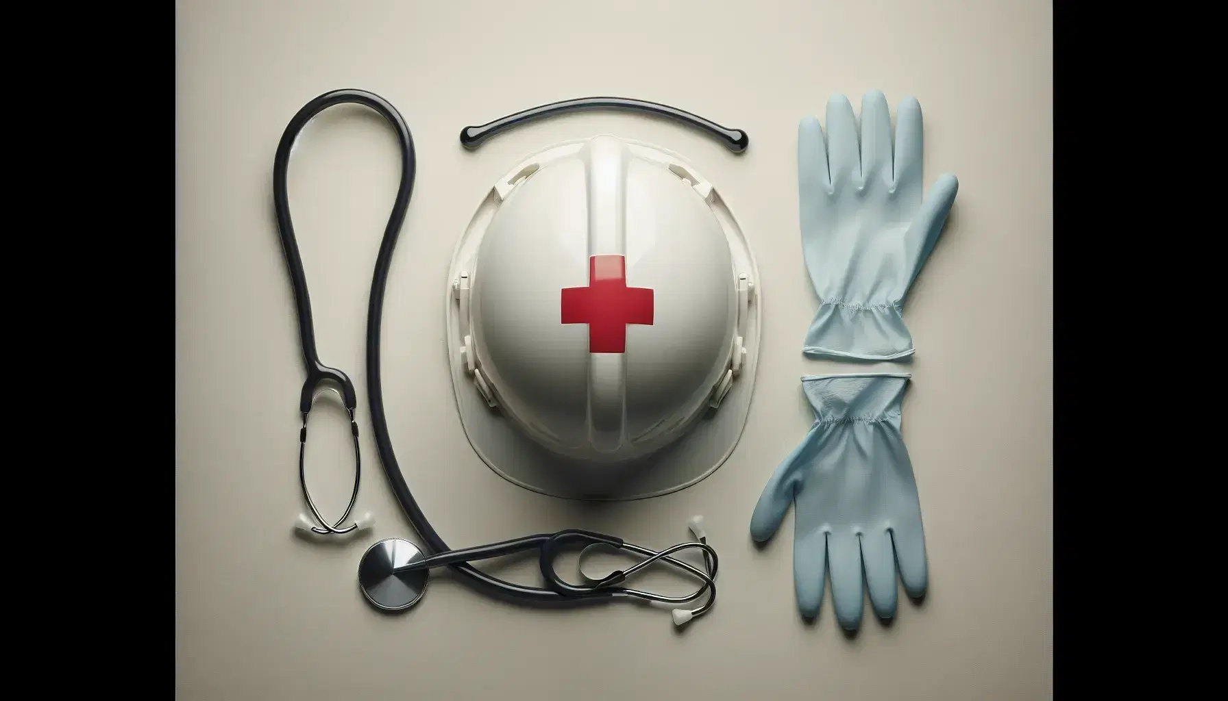 Casco de seguridad blanco con cruz roja, guantes médicos azules y estetoscopio sobre fondo neutro, elementos de protección sanitaria.