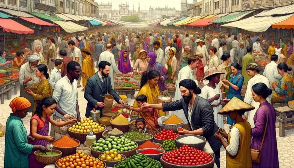 Bustling urban outdoor market scene with diverse people shopping, a South Asian woman selecting vegetables, a man sharing fruit with a child, and a Hispanic vendor arranging spices.