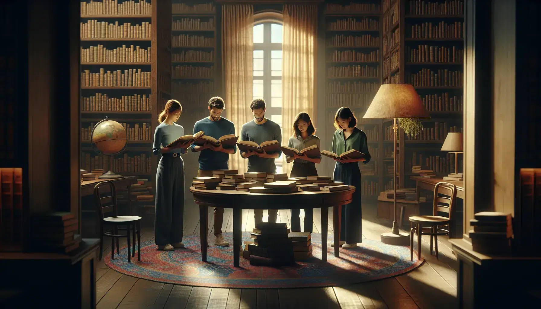 Tres personas leyendo libros atentamente en una biblioteca acogedora con estantes de madera, iluminada por una lámpara de pie y luz natural.